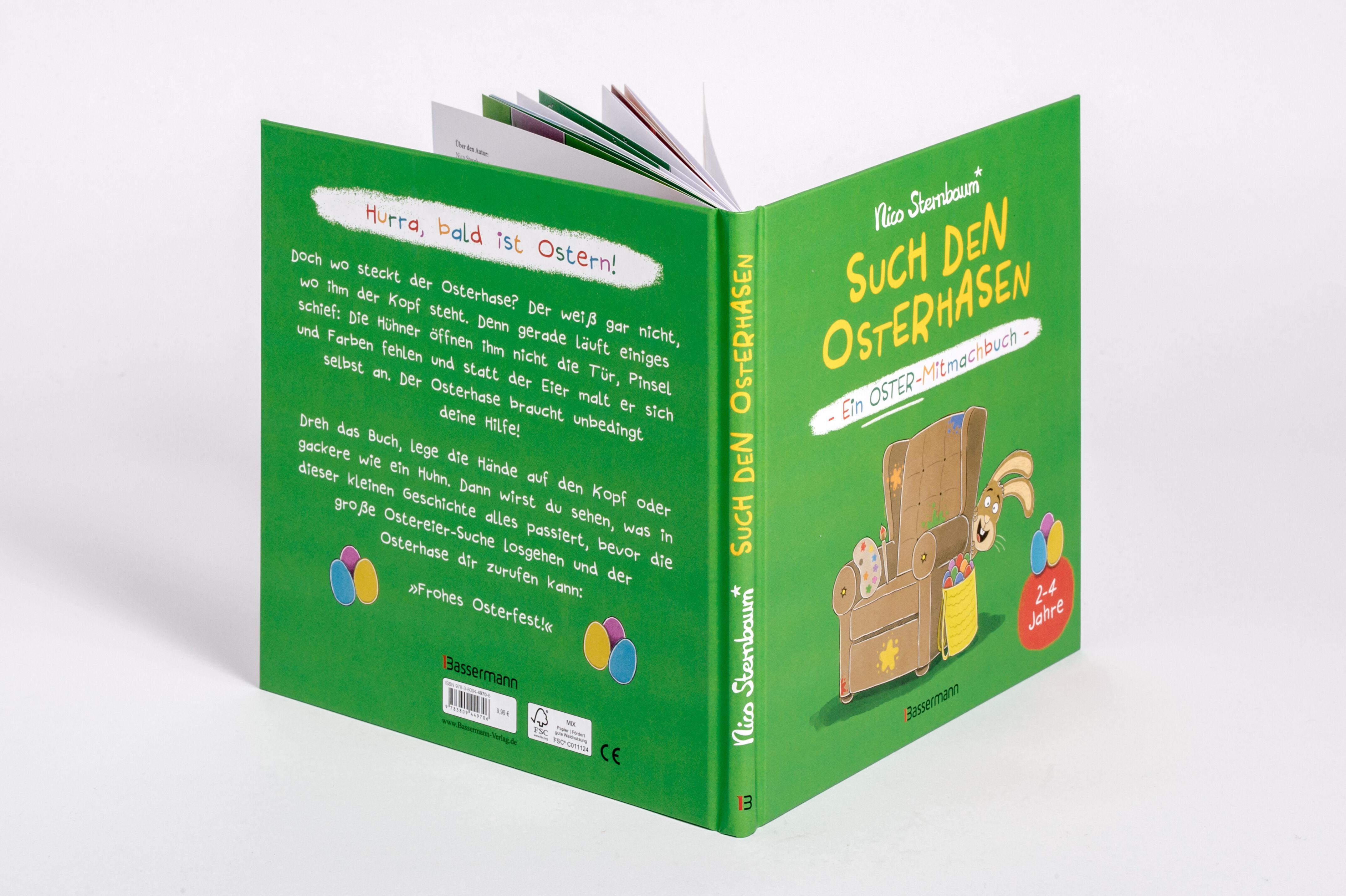 Beispielinhalt (Bild) Such den Osterhasen. Ein Oster-Mitmachbuch. Zum Schütteln, Schaukeln, Pusten, Klopfen und sehen, was dann passiert. Von 2 bis 4 Jahren