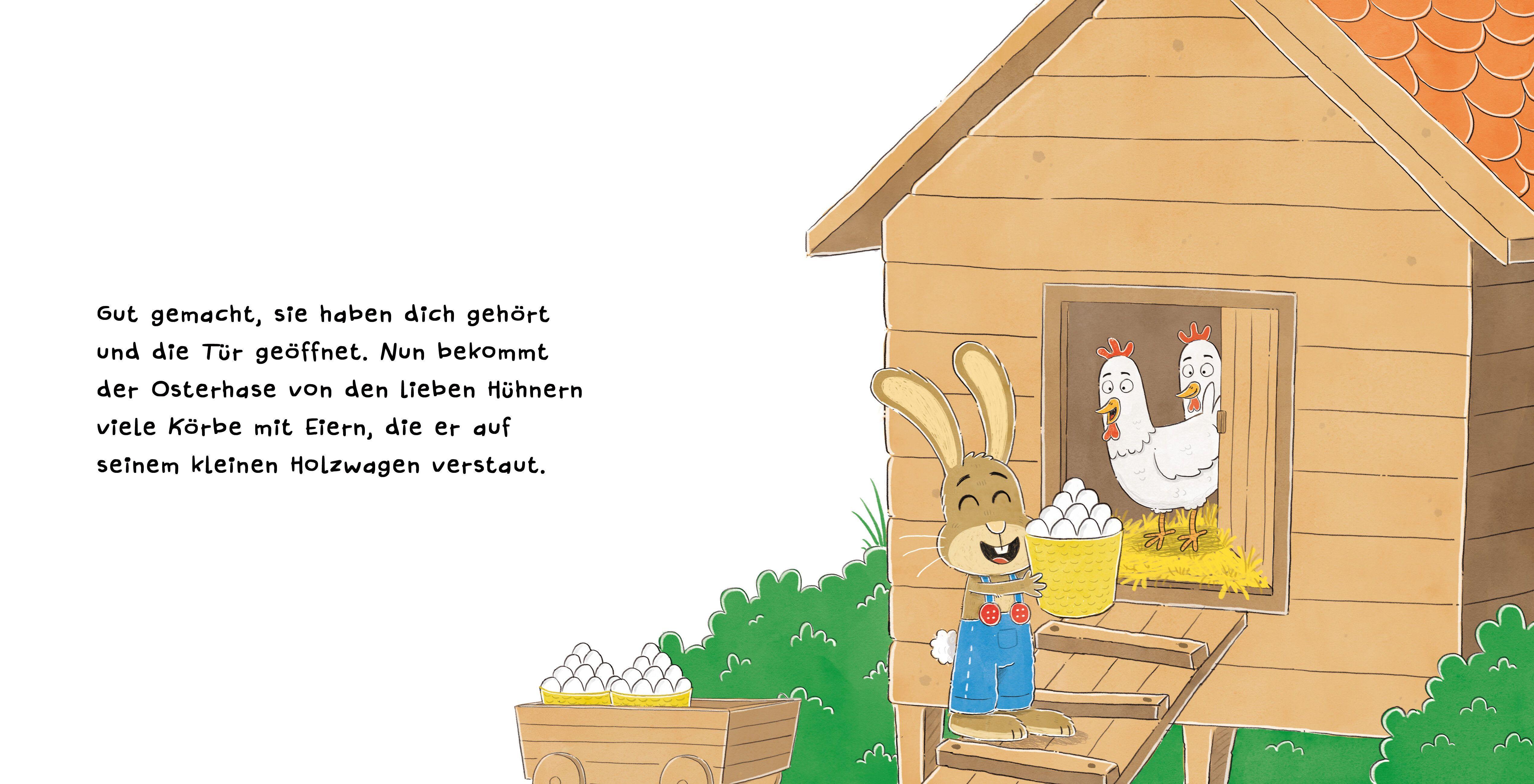 Beispielinhalt (Bild) Such den Osterhasen. Ein Oster-Mitmachbuch. Zum Schütteln, Schaukeln, Pusten, Klopfen und sehen, was dann passiert. Von 2 bis 4 Jahren