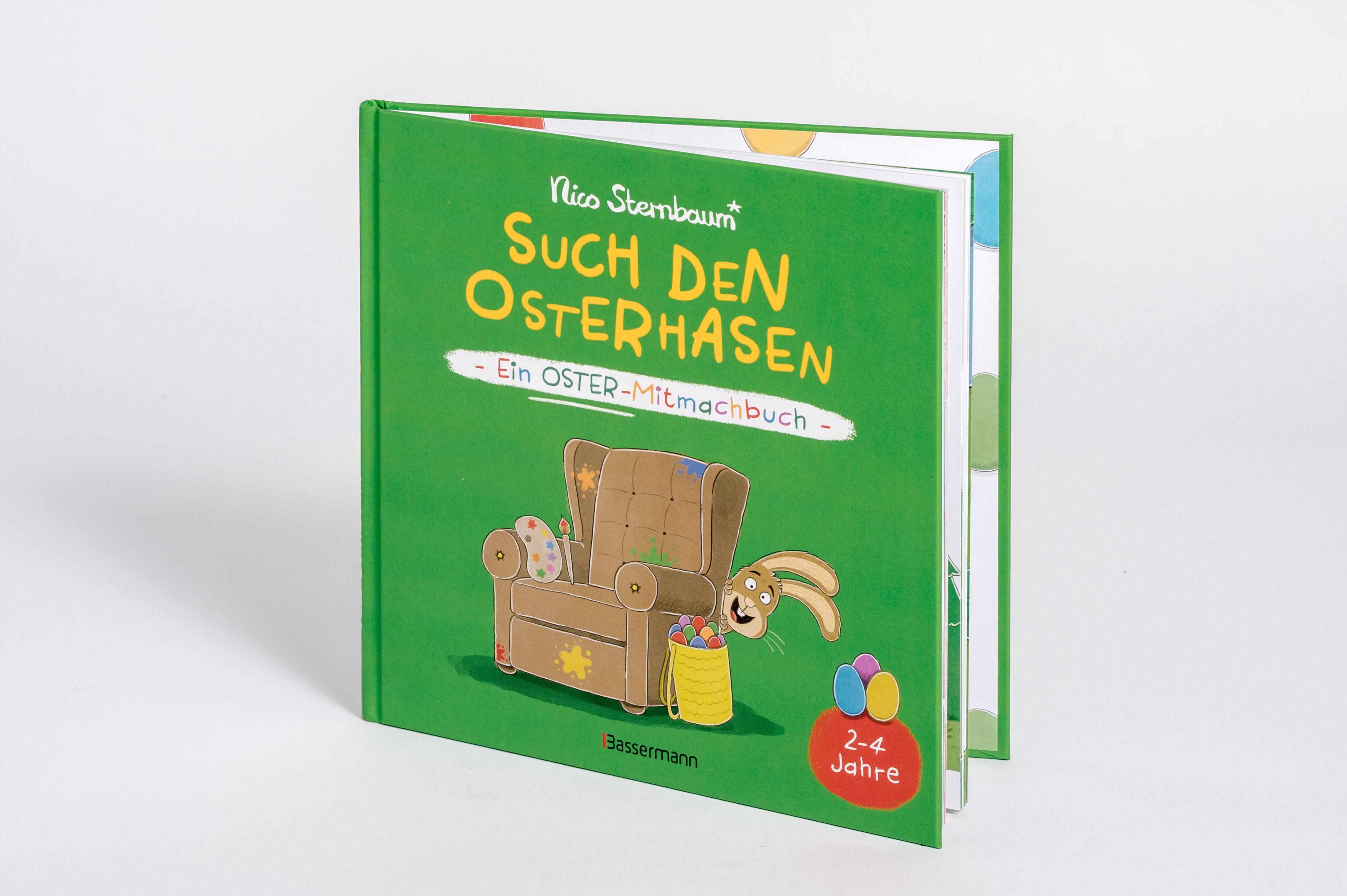 Beispielinhalt (Bild) Such den Osterhasen. Ein Oster-Mitmachbuch. Zum Schütteln, Schaukeln, Pusten, Klopfen und sehen, was dann passiert. Von 2 bis 4 Jahren