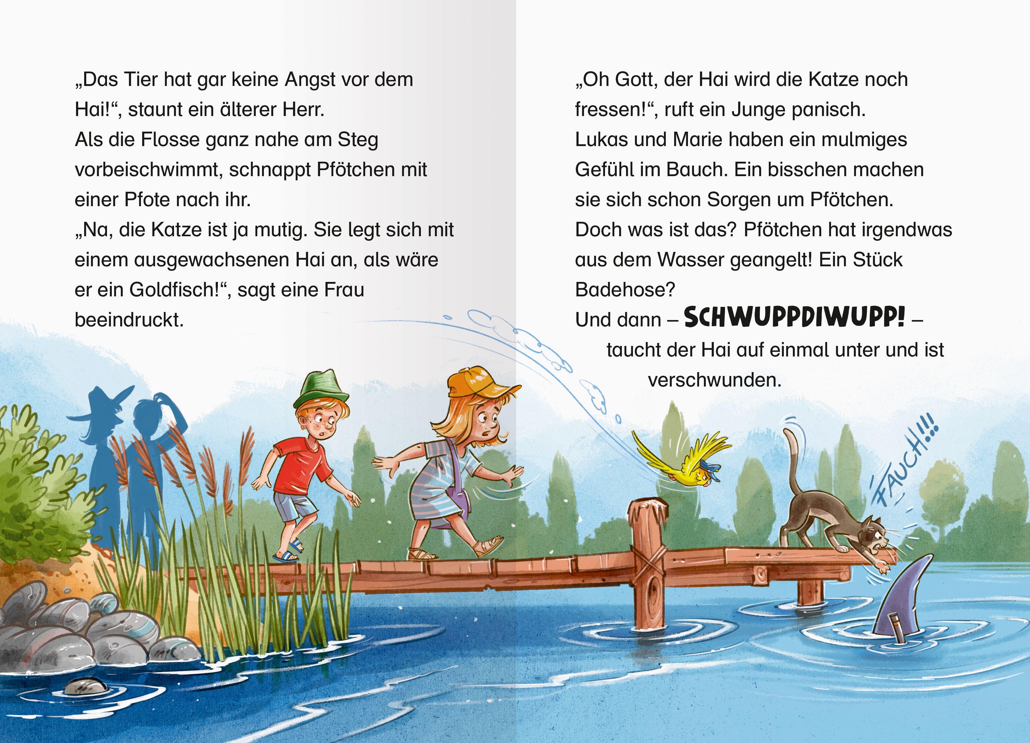 Beispielinhalt (Bild) Die Jagd nach dem magischen Detektivkoffer, Band 8 - Ein Hai im Badesee