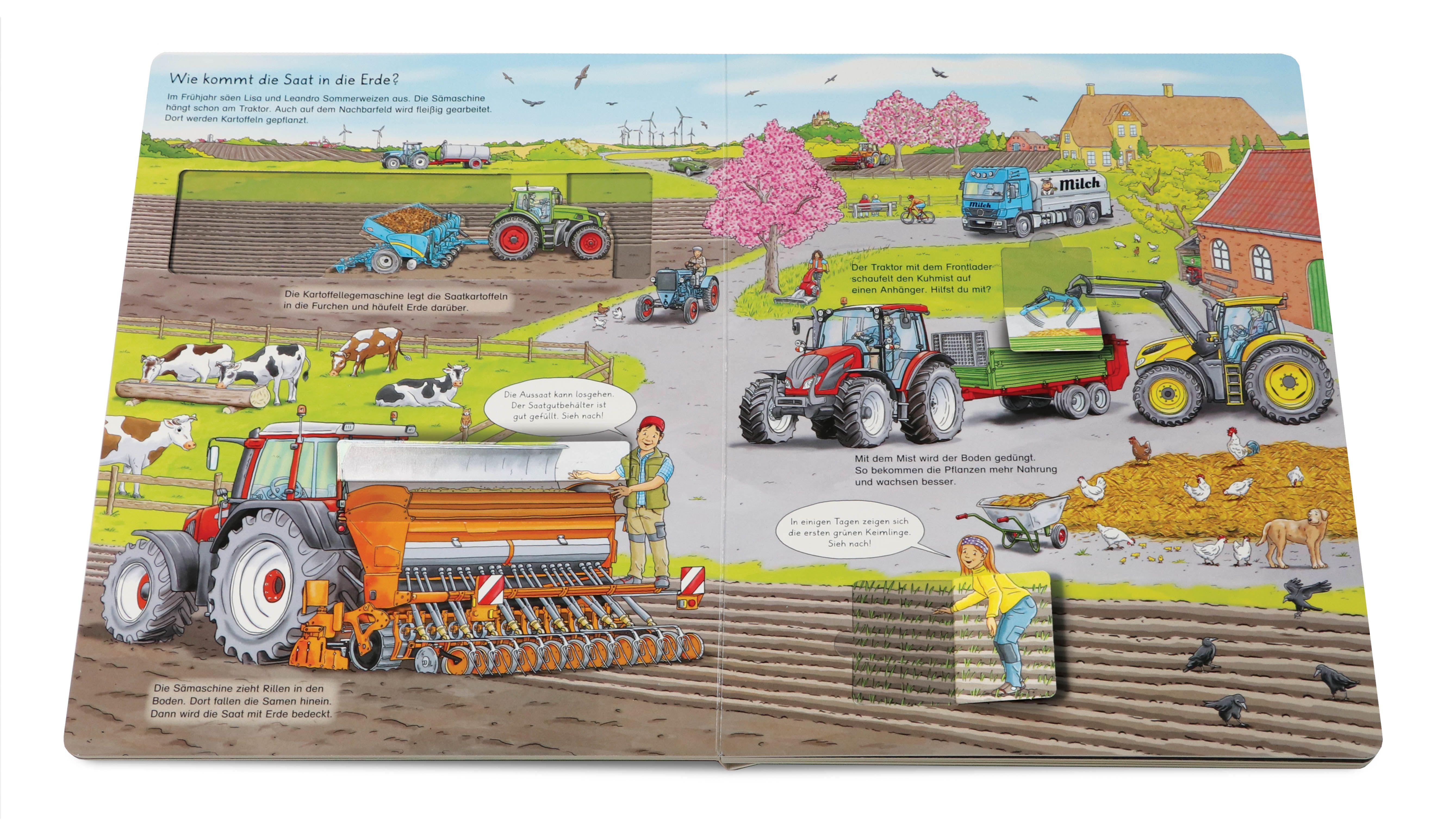 Beispielinhalt (Bild) Mein großes Traktor-Spielbuch. Mit Drehscheibe, vielen Klappen und Schiebern
