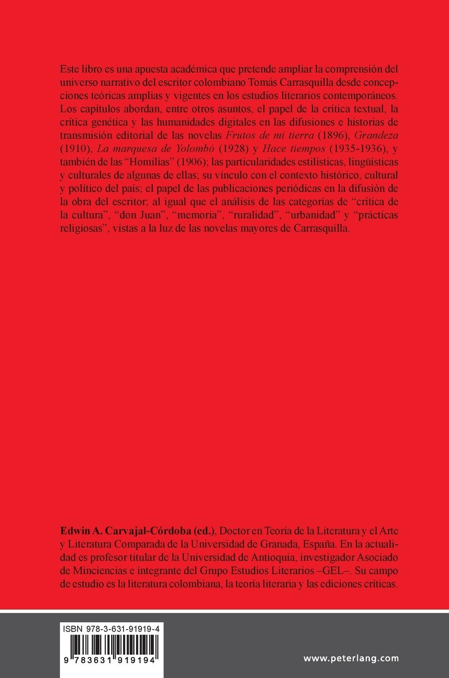 Rückseitencover Estudios críticos, filológicos e historiográficos del universo literario de Tomás Carrasquilla