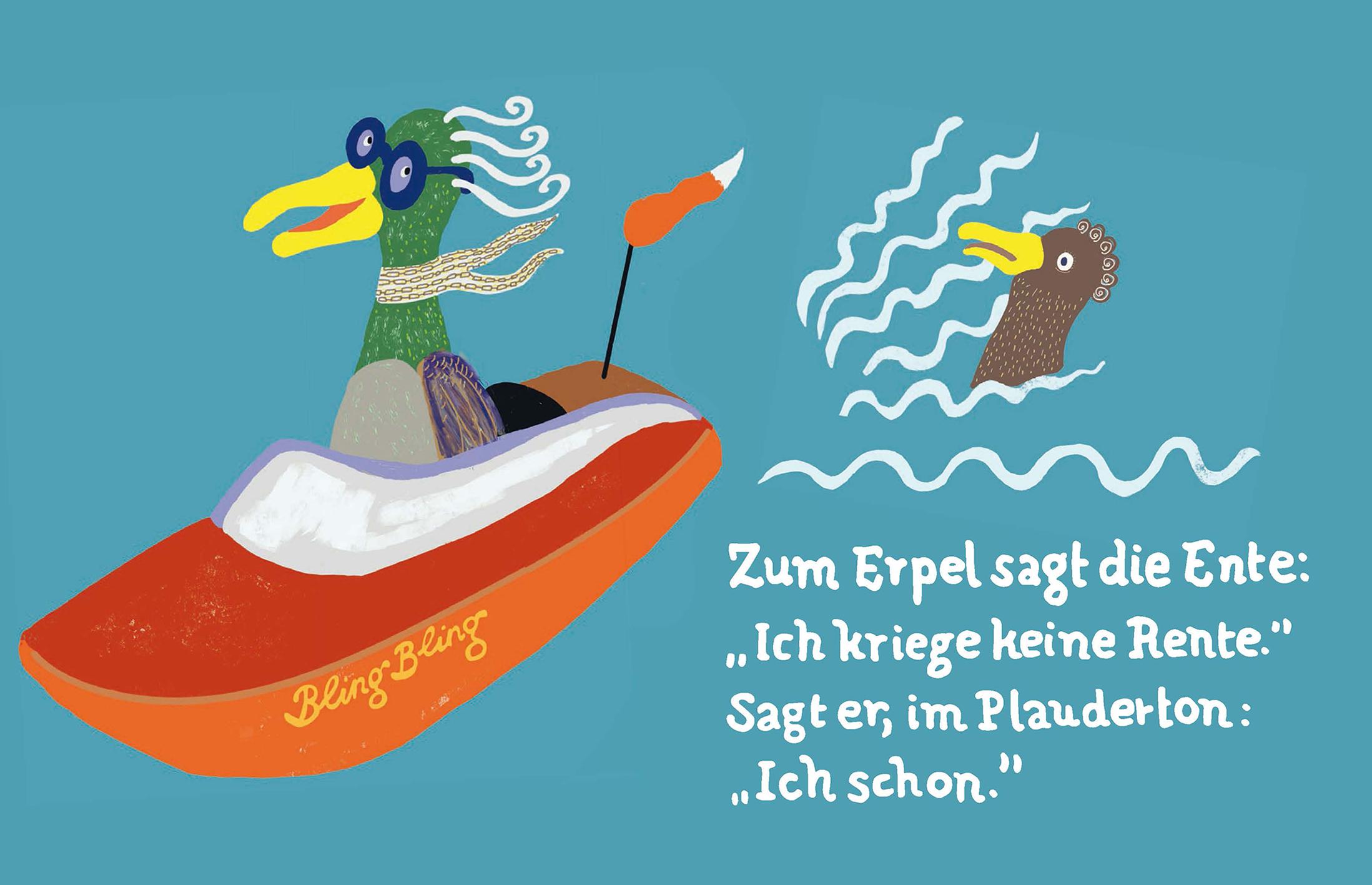 Beispielinhalt (Bild) Der Hahn erläutert unentwegt der Henne, wie man Eier legt