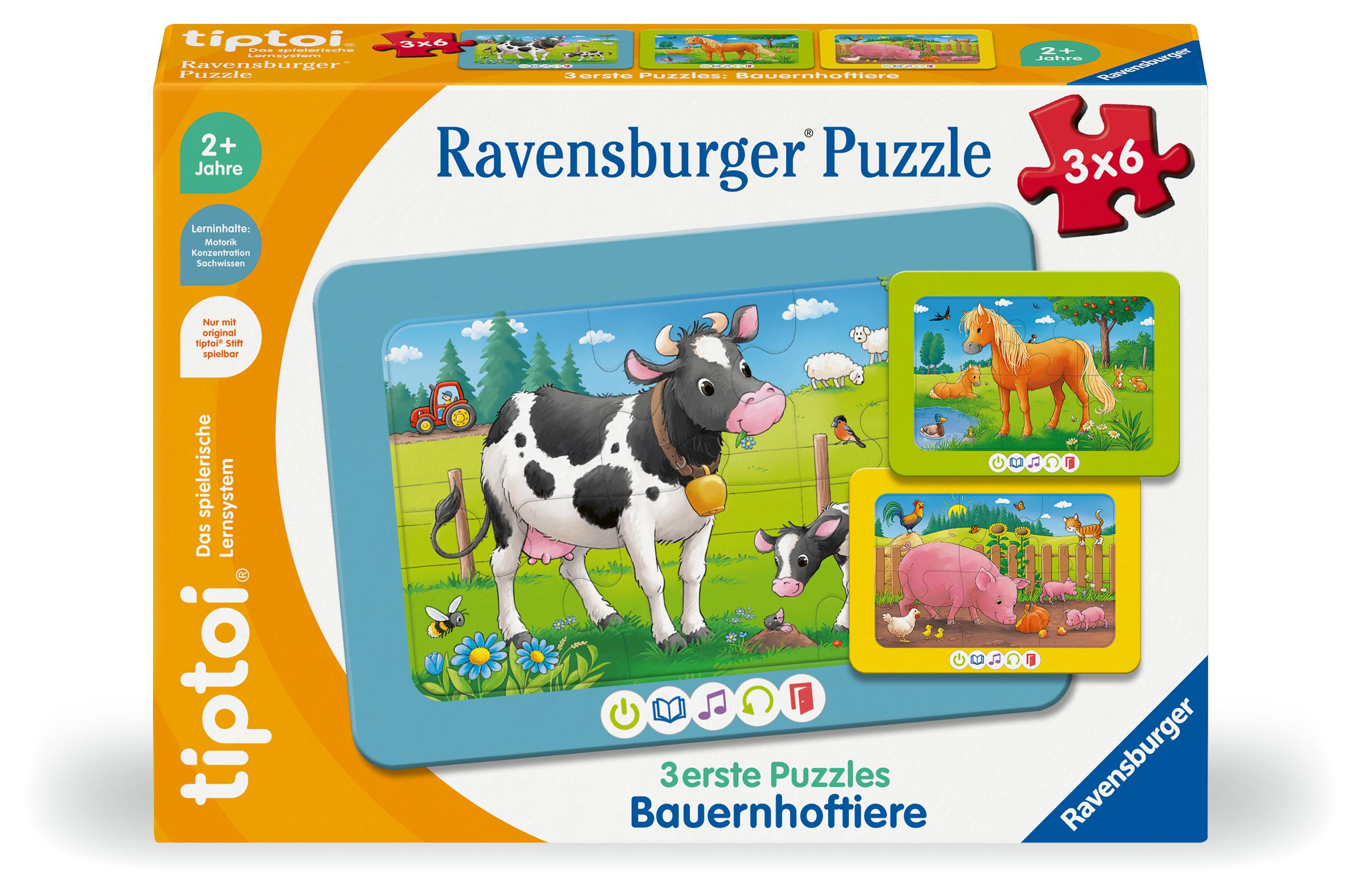 Vorderes Coverbild tiptoi® 3 erste Puzzles: Bauernhoftiere - 3x6 Teile