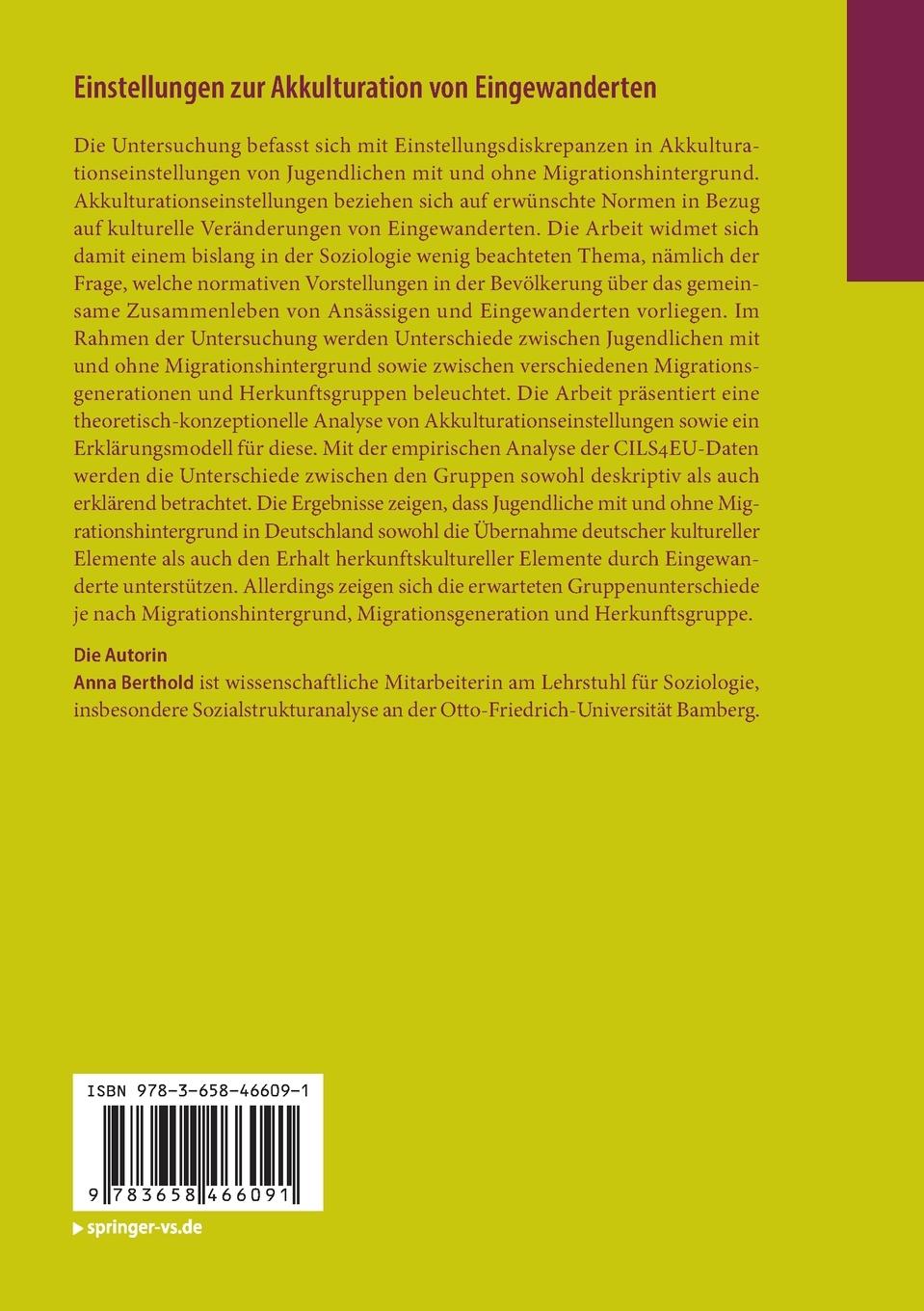 Rückseitencover Einstellungen zur Akkulturation von Eingewanderten