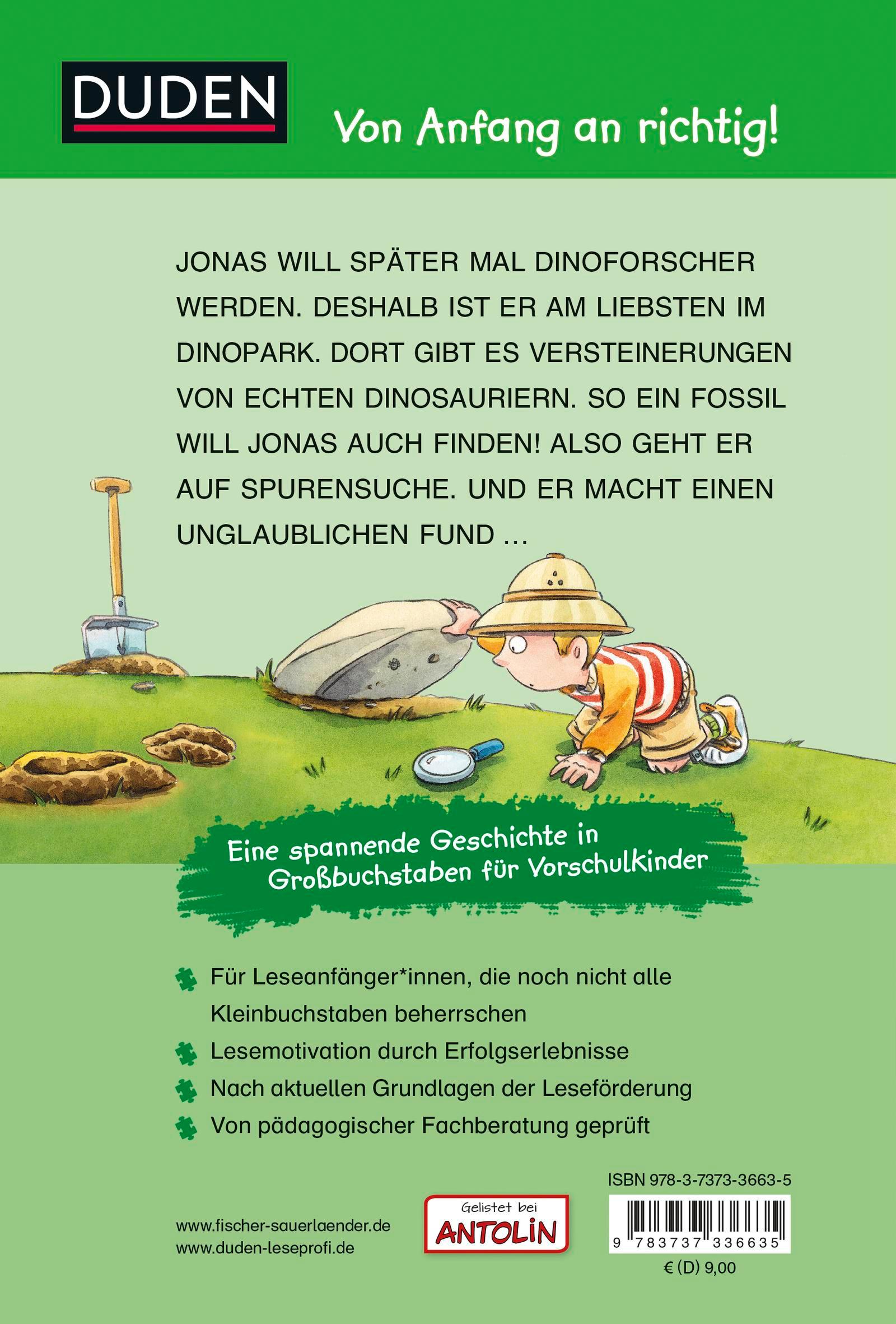 Rückseitencover Duden Leseprofi - GROSSBUCHSTABEN: DAS GEHEIMNIS DER DINOSPUR, Erstes Lesen