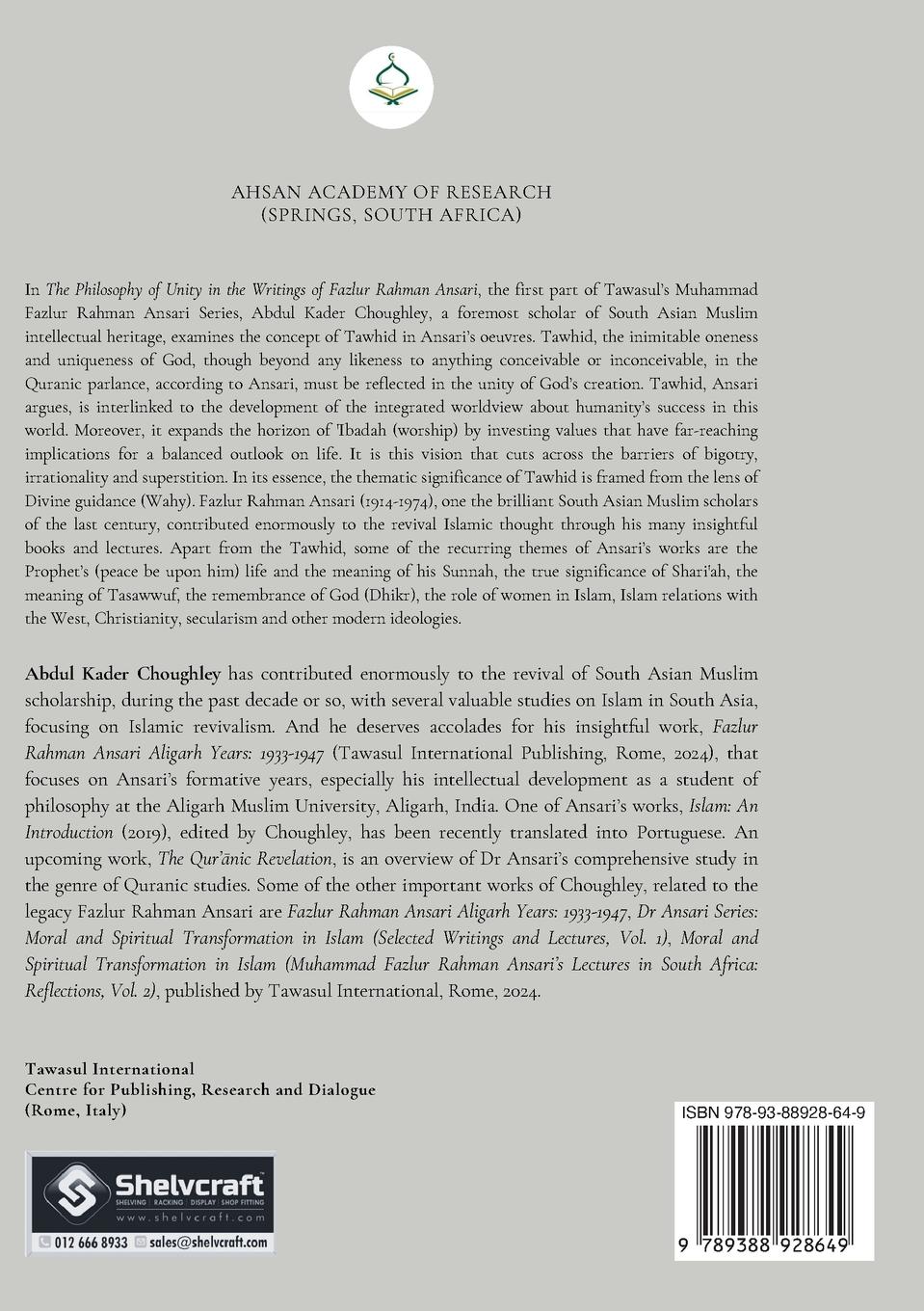 Rückseitencover The Philosophy of Unity in the  Writings of Fazlur Rahman Ansari