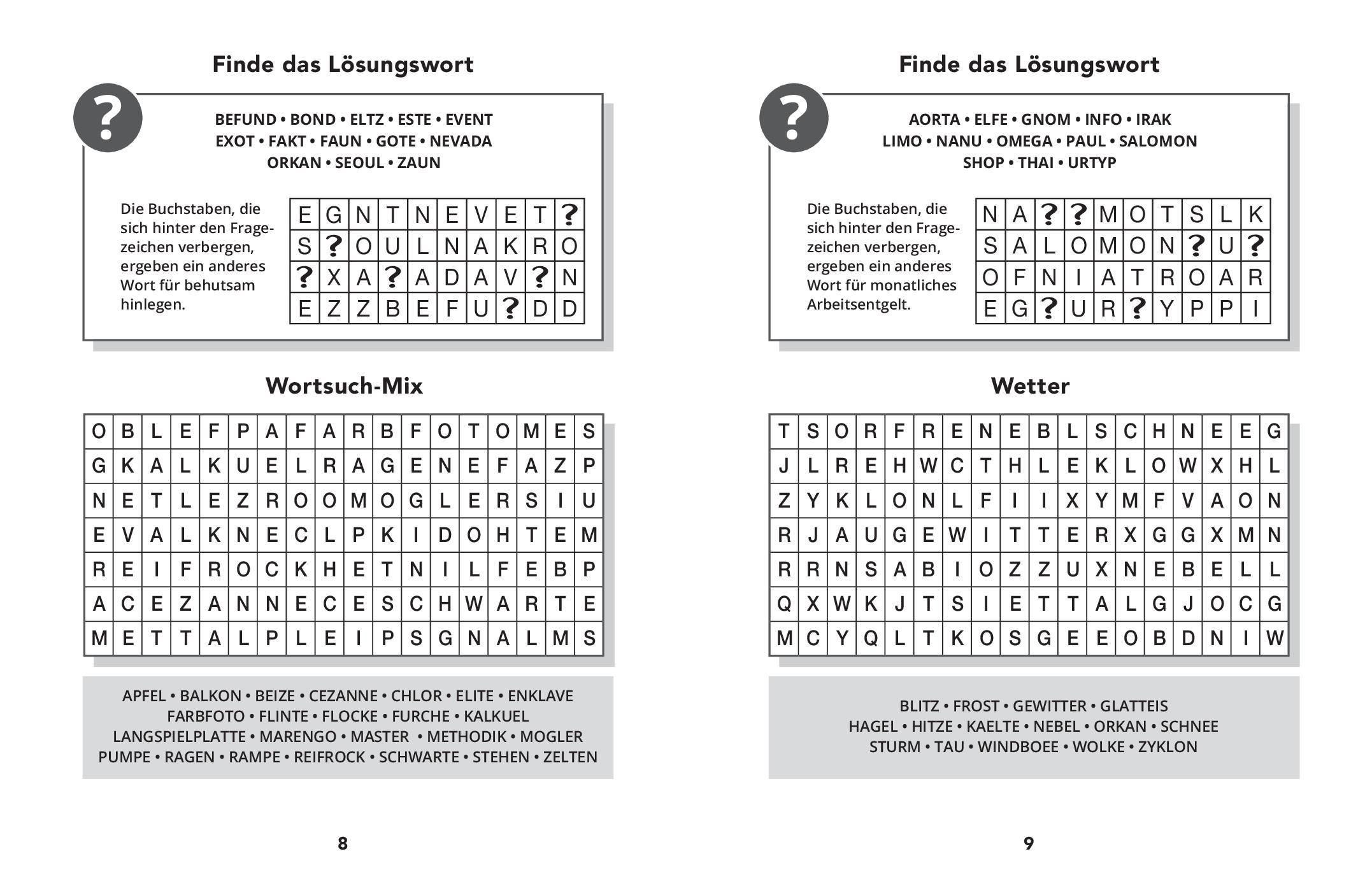 Beispielinhalt (Bild) 365 Wortsuchrätsel I abwechslungsreicher Rätselmix I mit praktischem Lösungsteil im Anhang