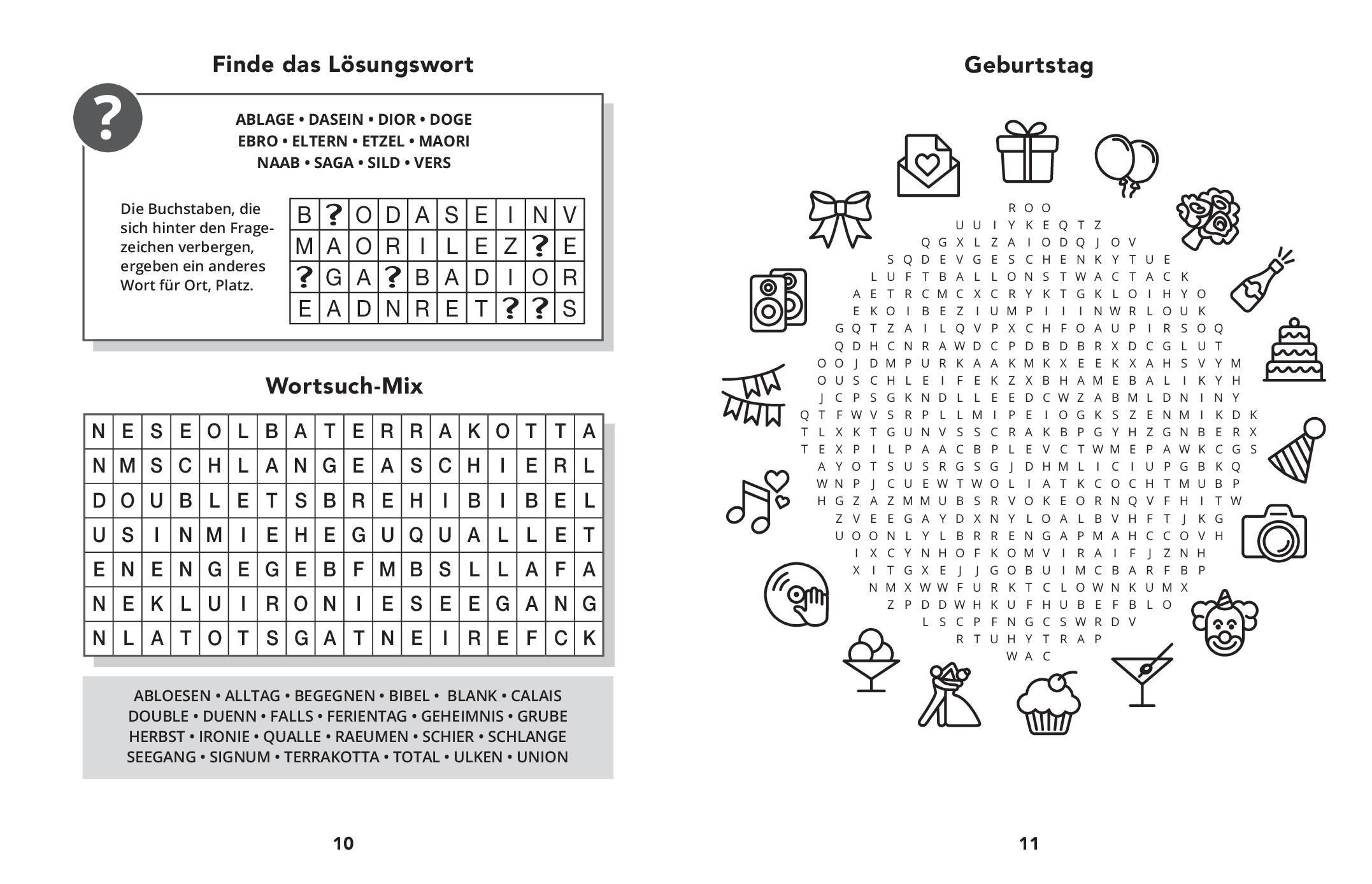 Beispielinhalt (Bild) 365 Wortsuchrätsel I abwechslungsreicher Rätselmix I mit praktischem Lösungsteil im Anhang