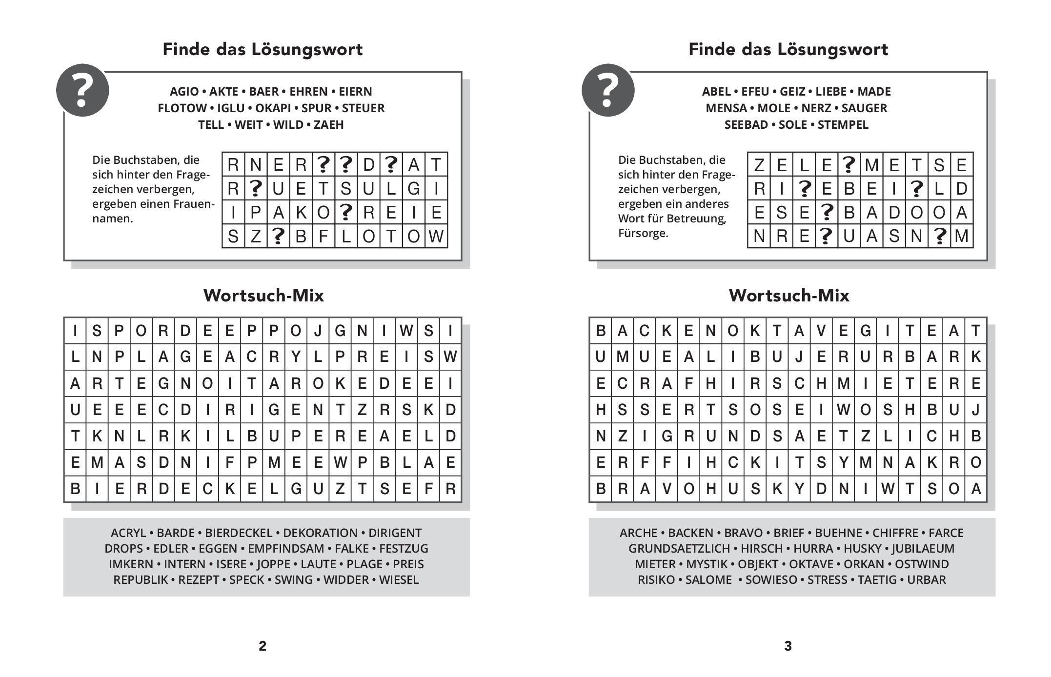 Beispielinhalt (Bild) 365 Wortsuchrätsel I abwechslungsreicher Rätselmix I mit praktischem Lösungsteil im Anhang