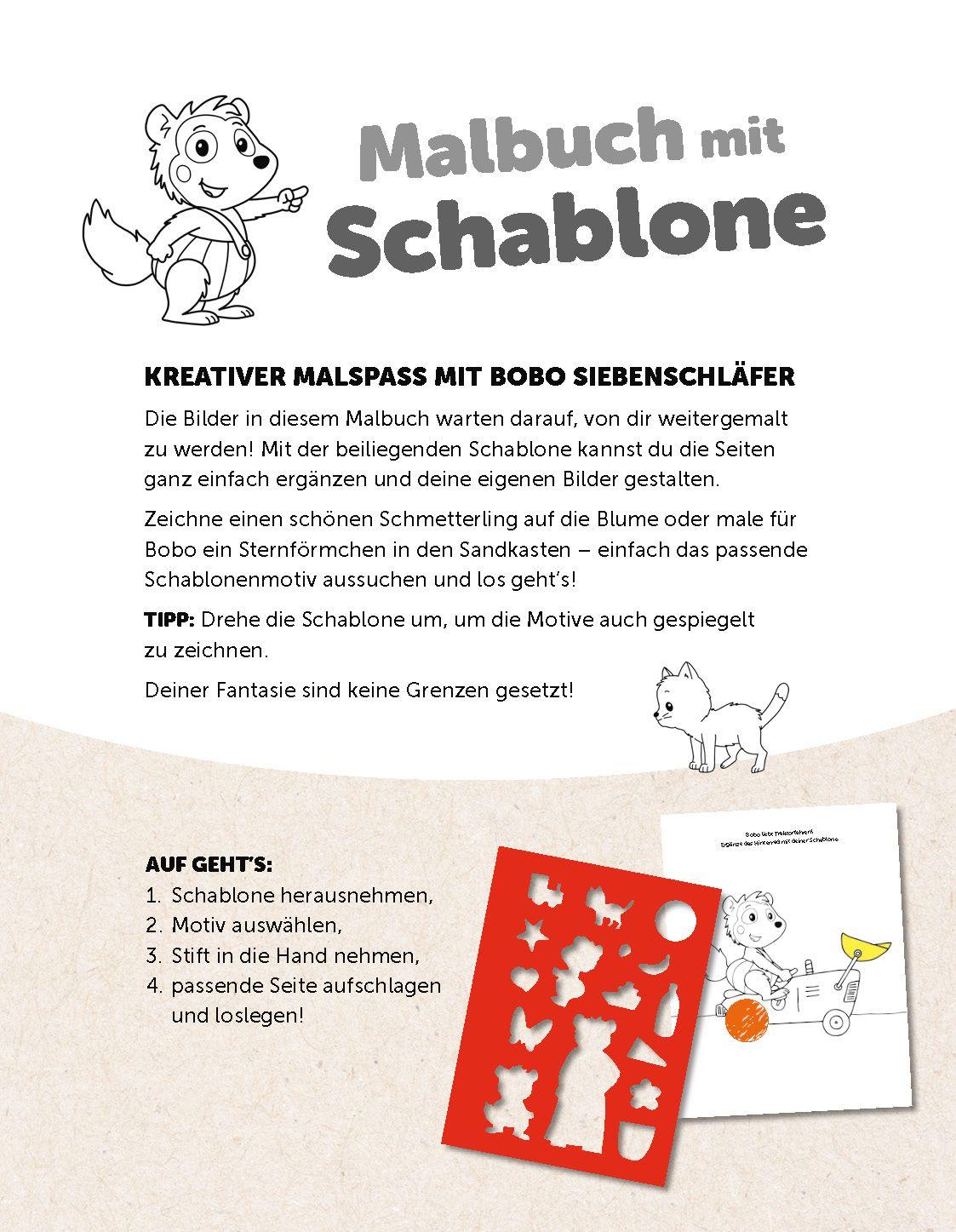 Beispielinhalt (Bild) Bobo Siebenschläfer Malbuch mit Schablone. Zeichnen und Malen für Kinder ab 4 Jahren