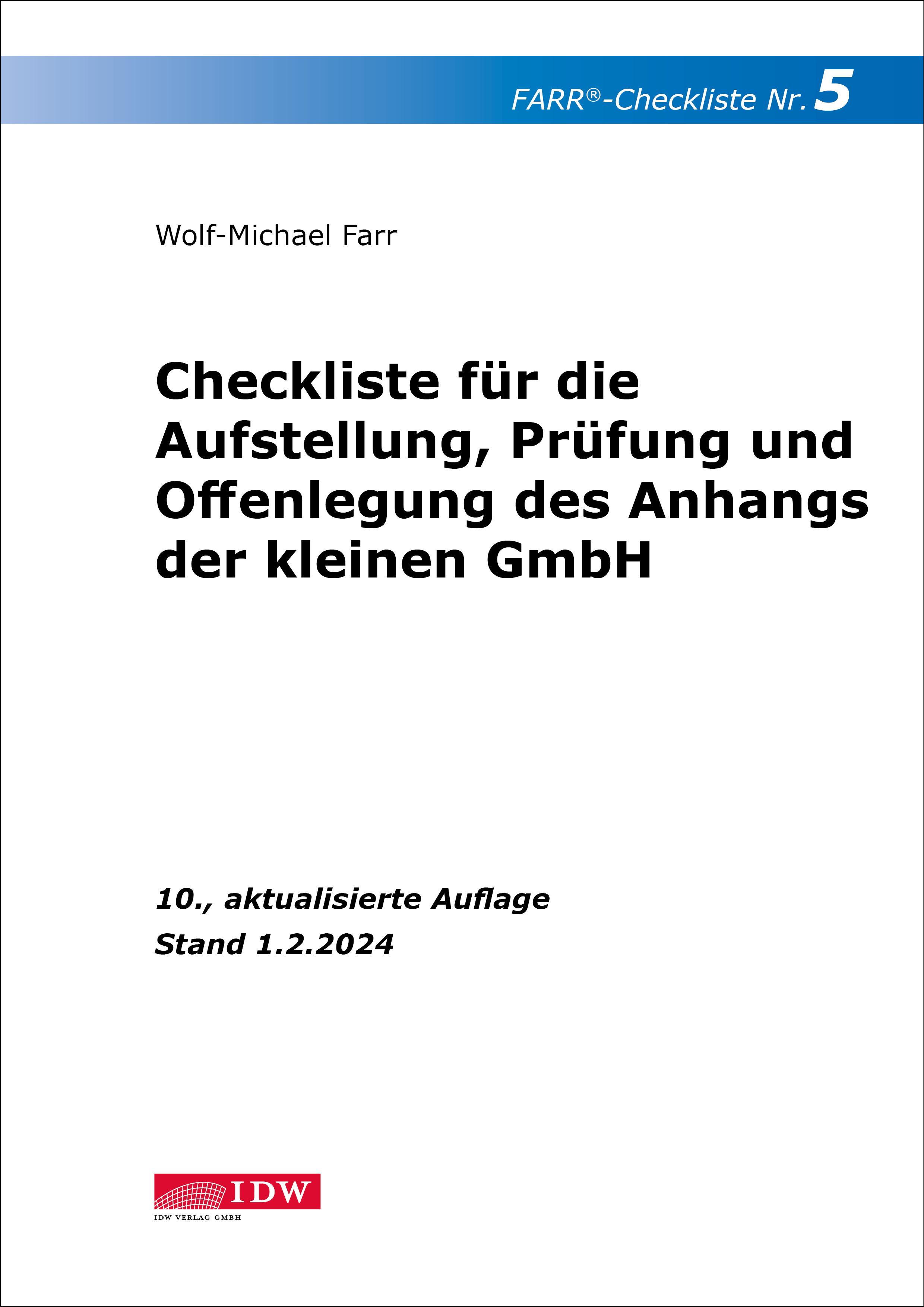 Vorderes Coverbild FARR Checkliste 5 für die Aufstellung, Prüfung und Offenlegung des Anhangs der kleinen GmbH