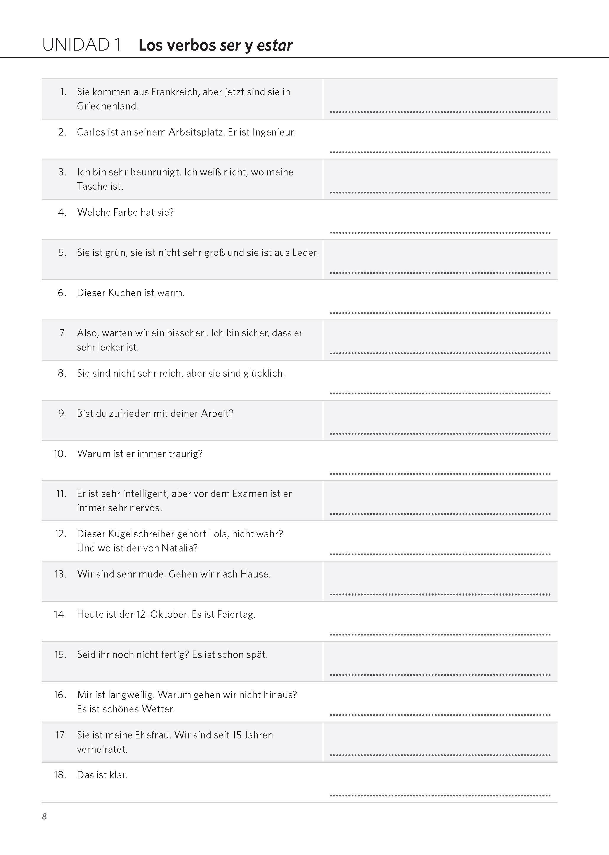 Beispielinhalt (Bild) PONS Satz für Satz Spanisch A2. Grammatik üben mit der Übersetzungsmethode