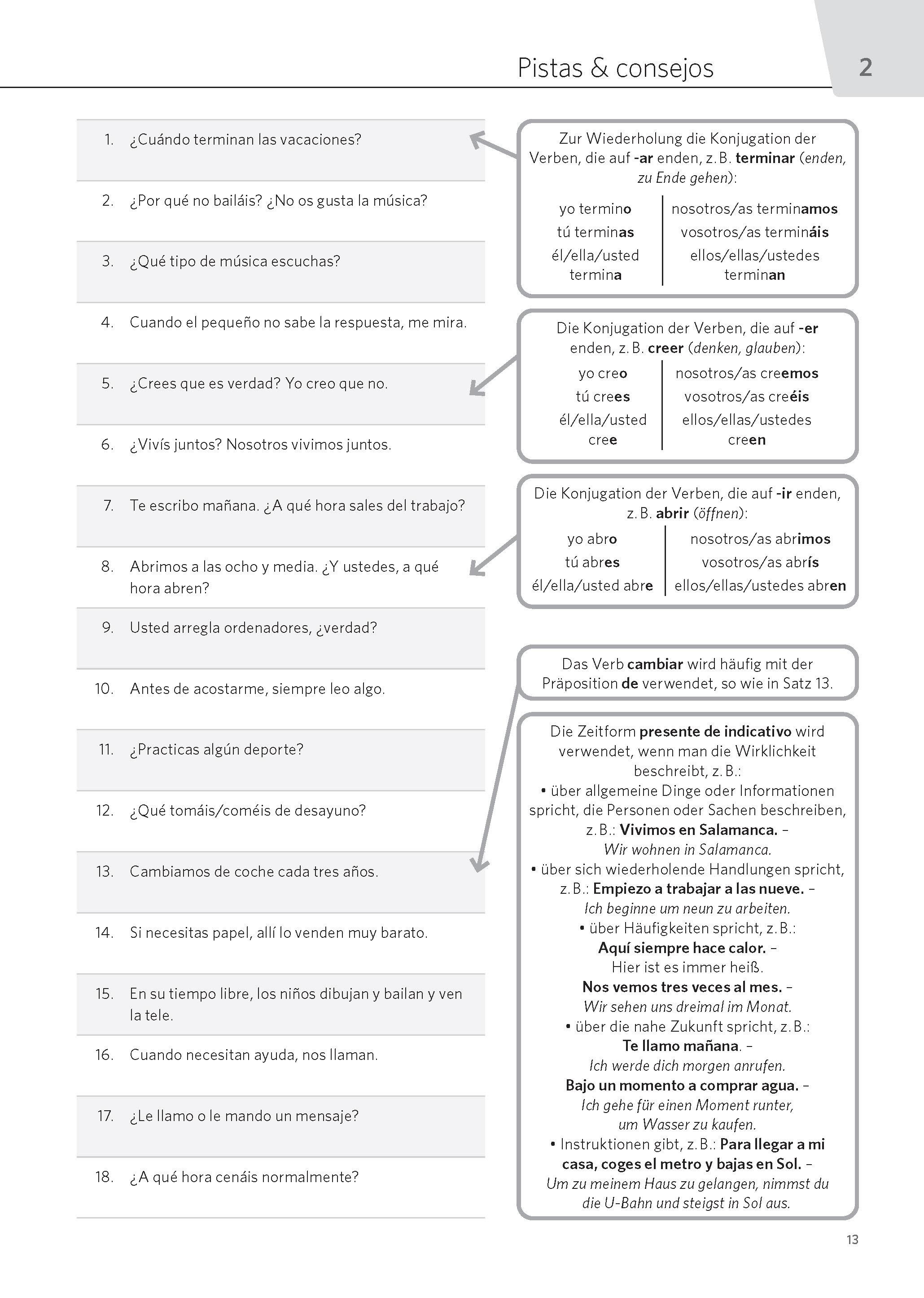 Beispielinhalt (Bild) PONS Satz für Satz Spanisch A2. Grammatik üben mit der Übersetzungsmethode