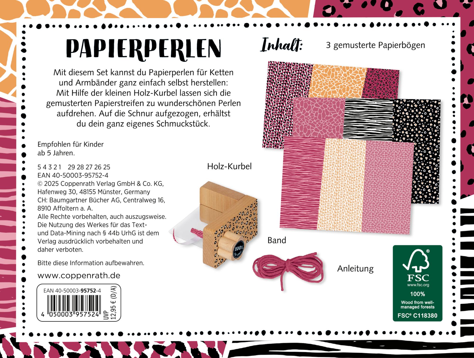 Rückseitencover Papierperlen zum Selbermachen. Tierprint