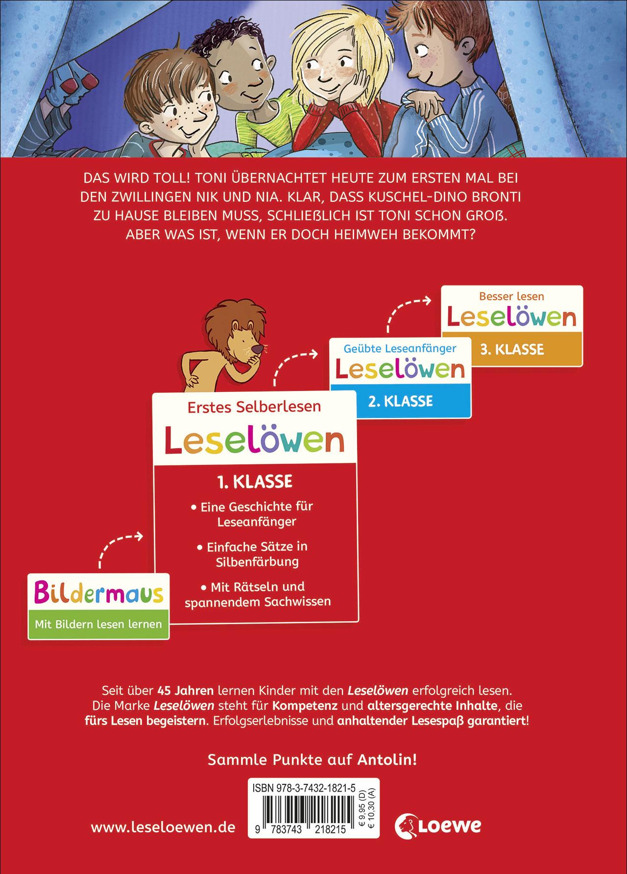 Rückseitencover Leselöwen 1. Klasse - Toni übernachtet woanders (Großbuchstabenausgabe)