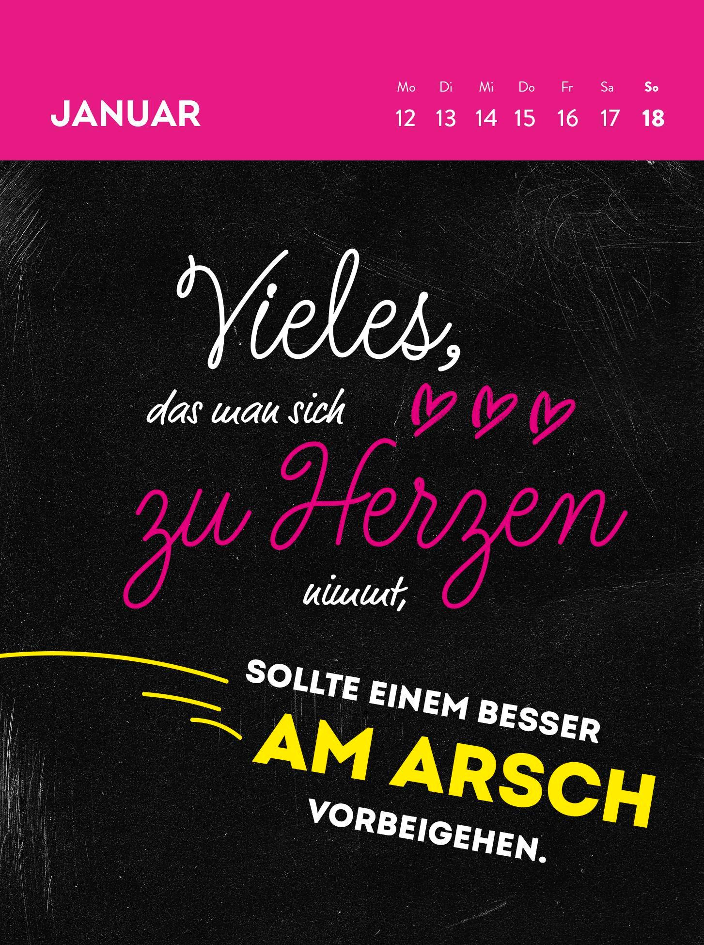 Beispielinhalt (Bild) Wochenkalender 2026: Emotional bin ich heute ganz nah am Mittelfinger gebaut