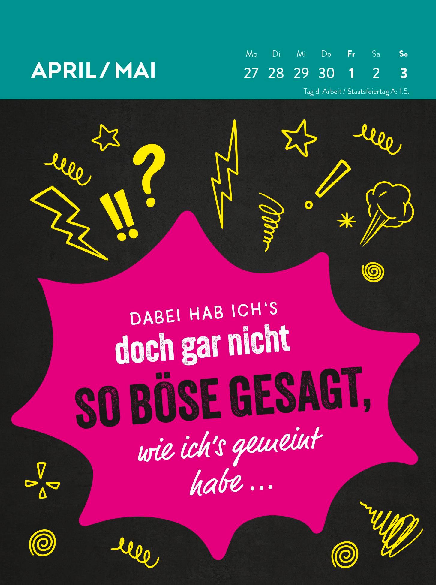Beispielinhalt (Bild) Wochenkalender 2026: Emotional bin ich heute ganz nah am Mittelfinger gebaut