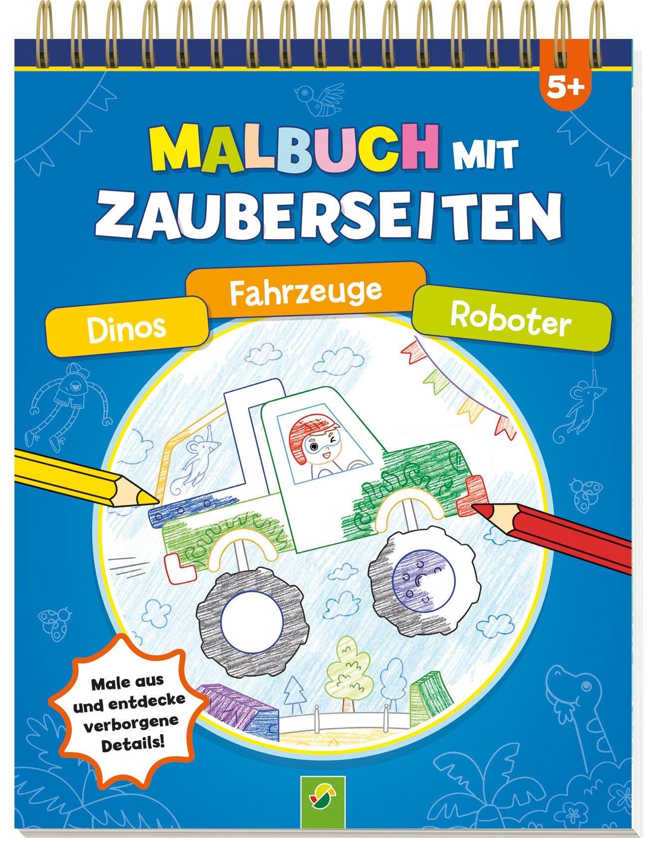 Vorderes Coverbild Malbuch mit Zauberseiten Dinos, Fahrzeuge, Roboter