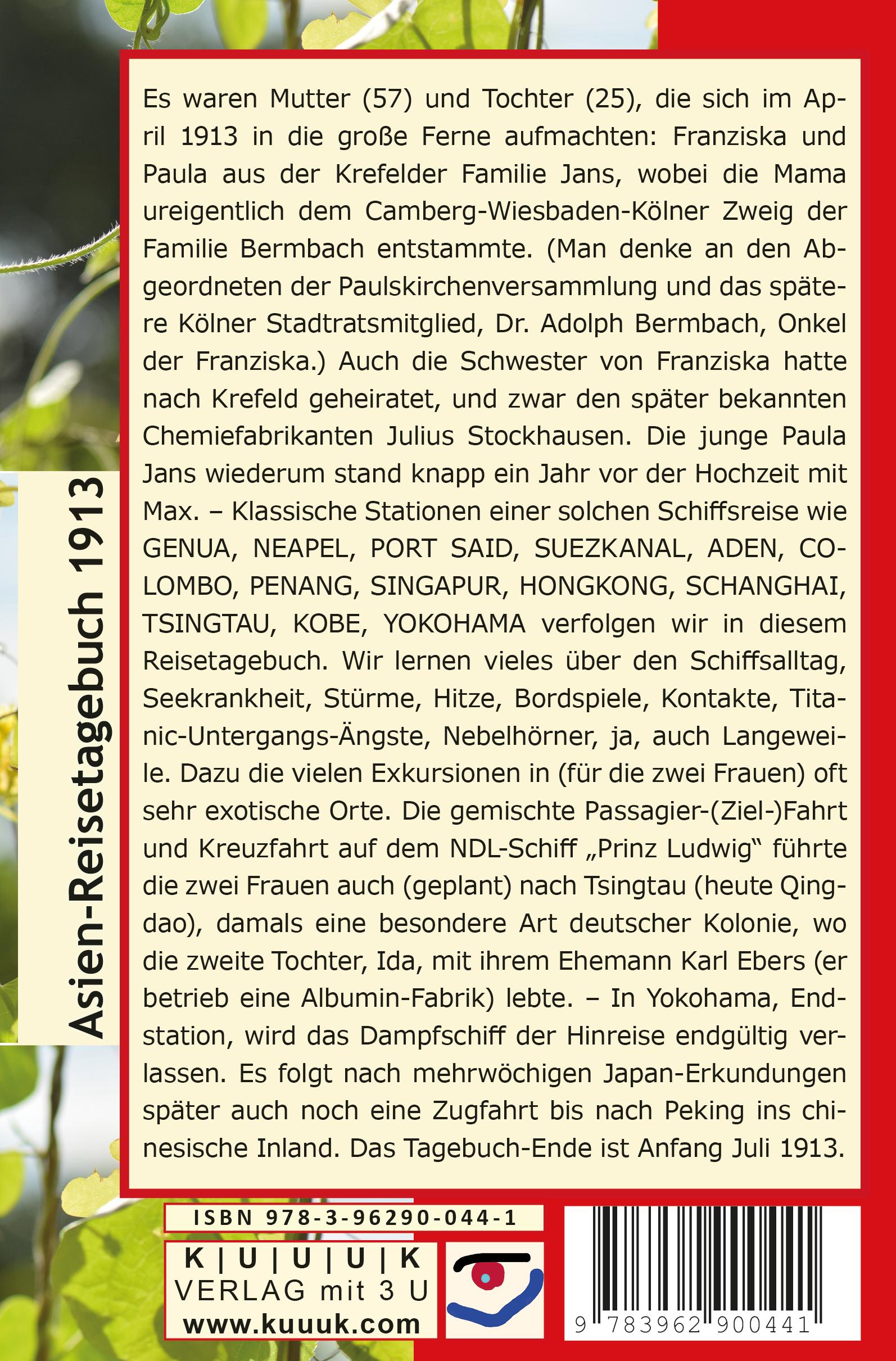 Rückseitencover Tagebuch einer Schiffsreise mit dem Norddeutschen Lloyd von Genua bis nach China und Japan 1913