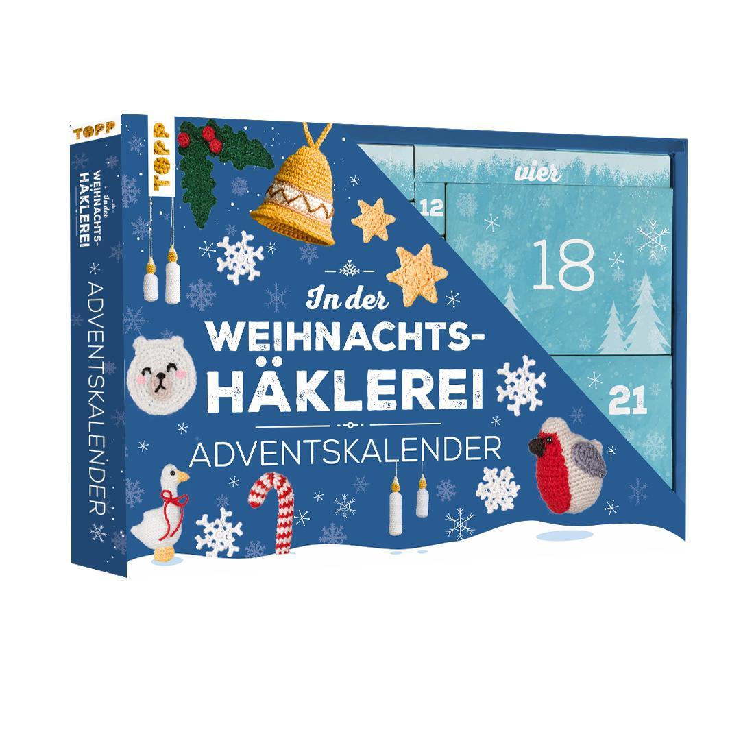 Vorderes Coverbild In der Weihnachtshäklerei - Der Adventskalender mit Material und Anleitungsbuch für 24 Häkelprojekte