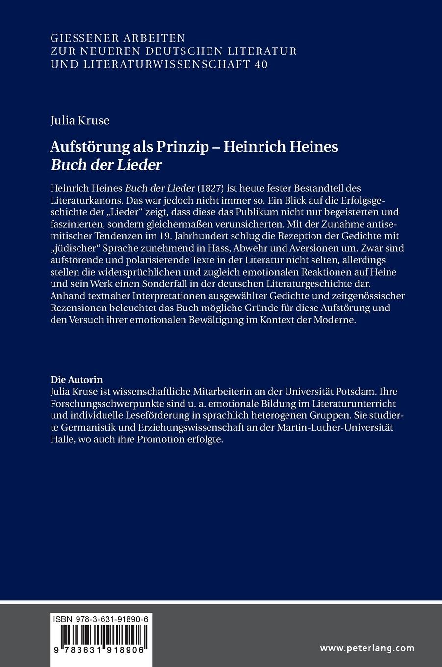 Rückseitencover Aufstörung als Prinzip - Heinrich Heines 'Buch der Lieder'