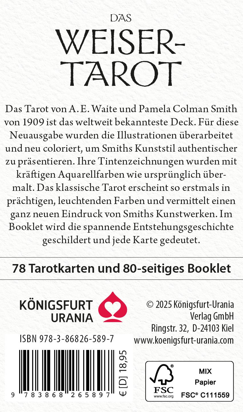 Rückseitencover Das Weiser-Tarot - Tarot von A.E. Waite in den ursprünglichen Aquarellfarben (78 Karten illustriert von Pamela Colman Smith mit Booklet)