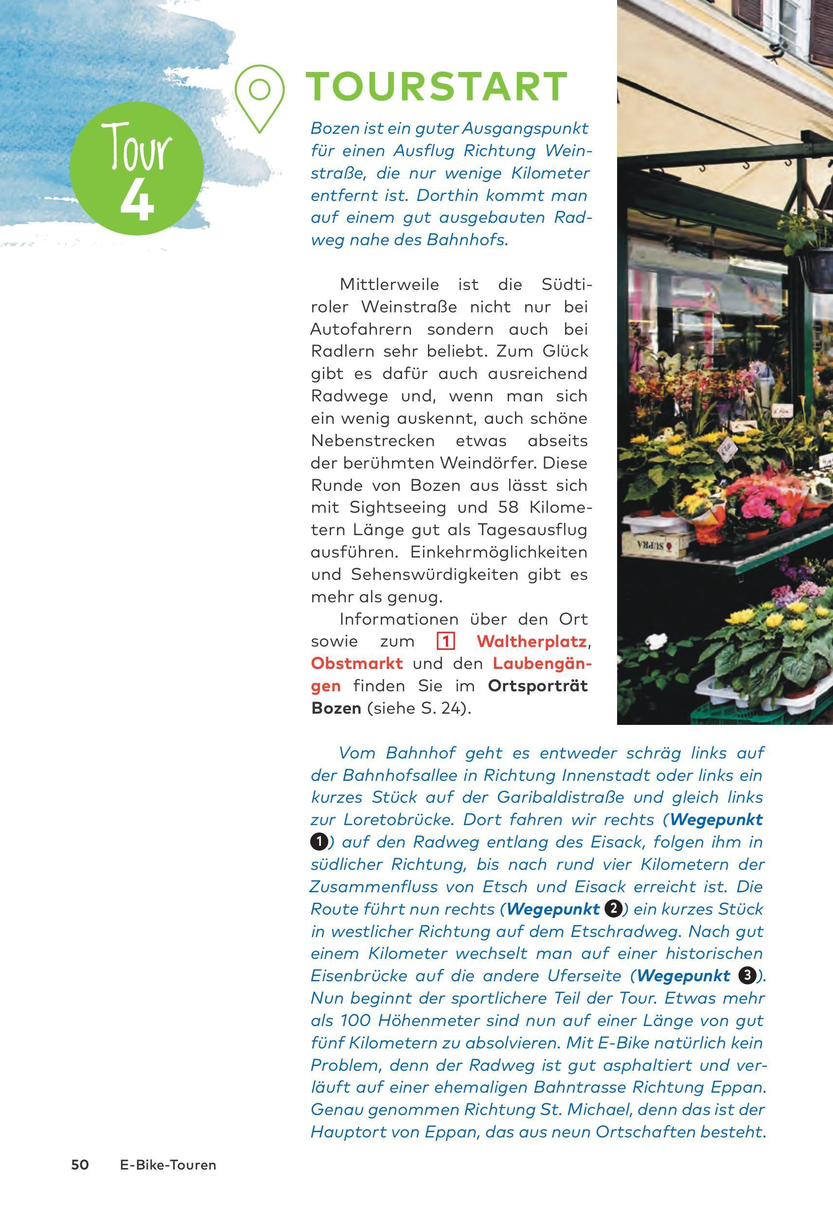 Beispielinhalt (Bild) Die 25 schönsten E-Bike Touren in Südtirol mit E-Bike Ladestationen, mit barrierefreien Start-/Zielbahnhöfen, mit GPS-Track-Download via website oder Kartenapp