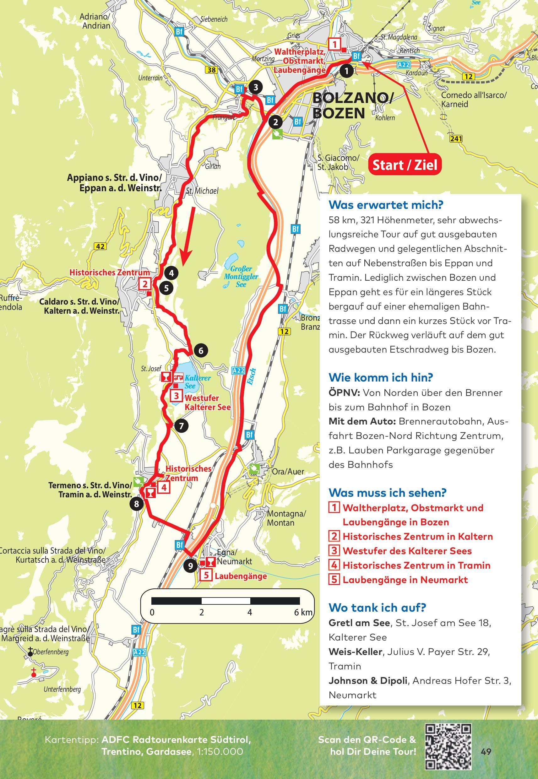 Beispielinhalt (Bild) Die 25 schönsten E-Bike Touren in Südtirol mit E-Bike Ladestationen, mit barrierefreien Start-/Zielbahnhöfen, mit GPS-Track-Download via website oder Kartenapp