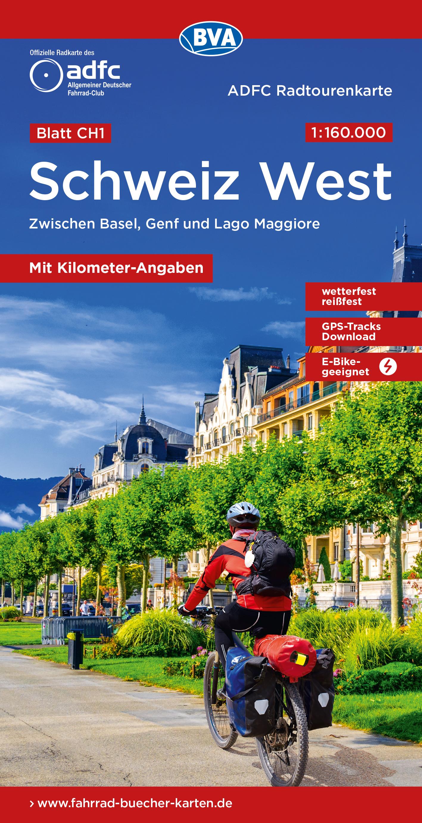 Vorderes Coverbild ADFC-Radtourenkarte CH1 Schweiz West 1:160.000, reiß- und wetterfest, E-Bike geeignet, GPS-Tracks Download, mit Knotenpunkten, mit Bett+Bike Symbolen, mit Kilometer-Angaben