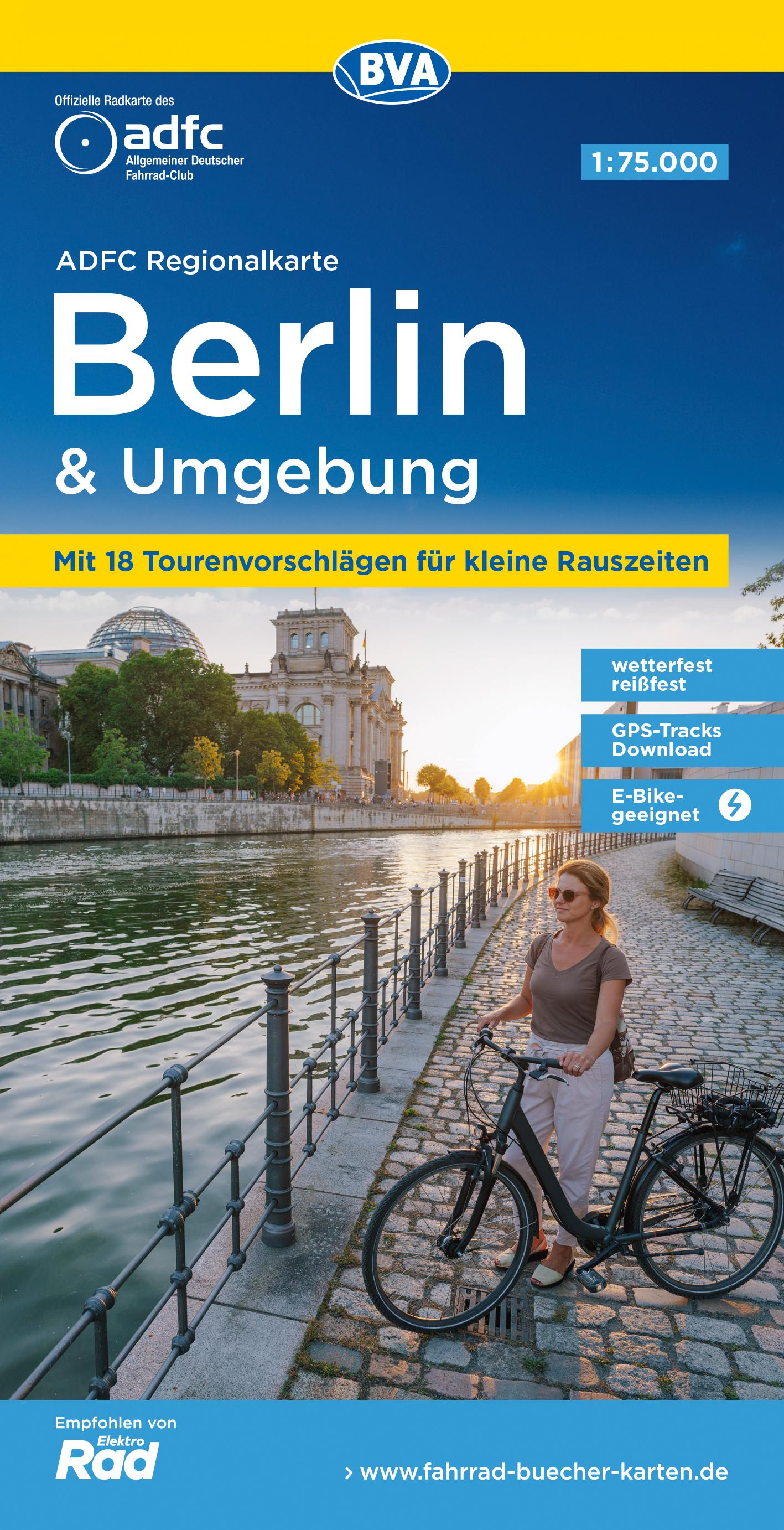 Vorderes Coverbild ADFC-Regionalkarte Berlin und Umgebung, 1:75.000, mit Tagestourenvorschlägen, reiß- und wetterfest, E-Bike-geeignet, mit Knotenpunkten, GPS-Tracks Download
