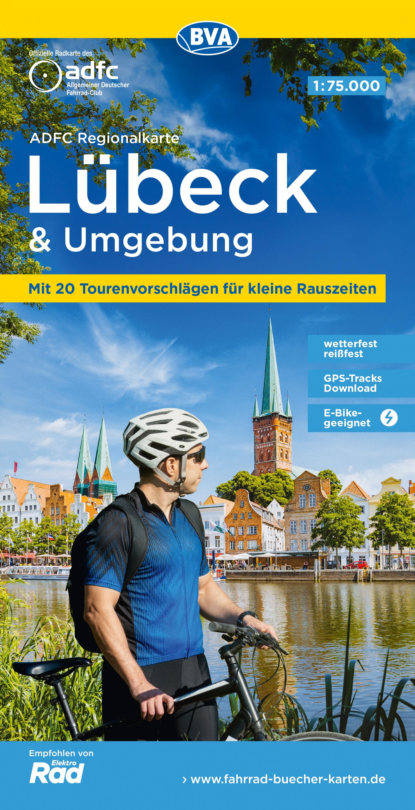 Vorderes Coverbild ADFC-Regionalkarte Lübeck und Umgebung, 1:75.000, mit Tagestourenvorschlägen, reiß- und wetterfest, E-Bike-geeignet, GPS-Tracks-Download