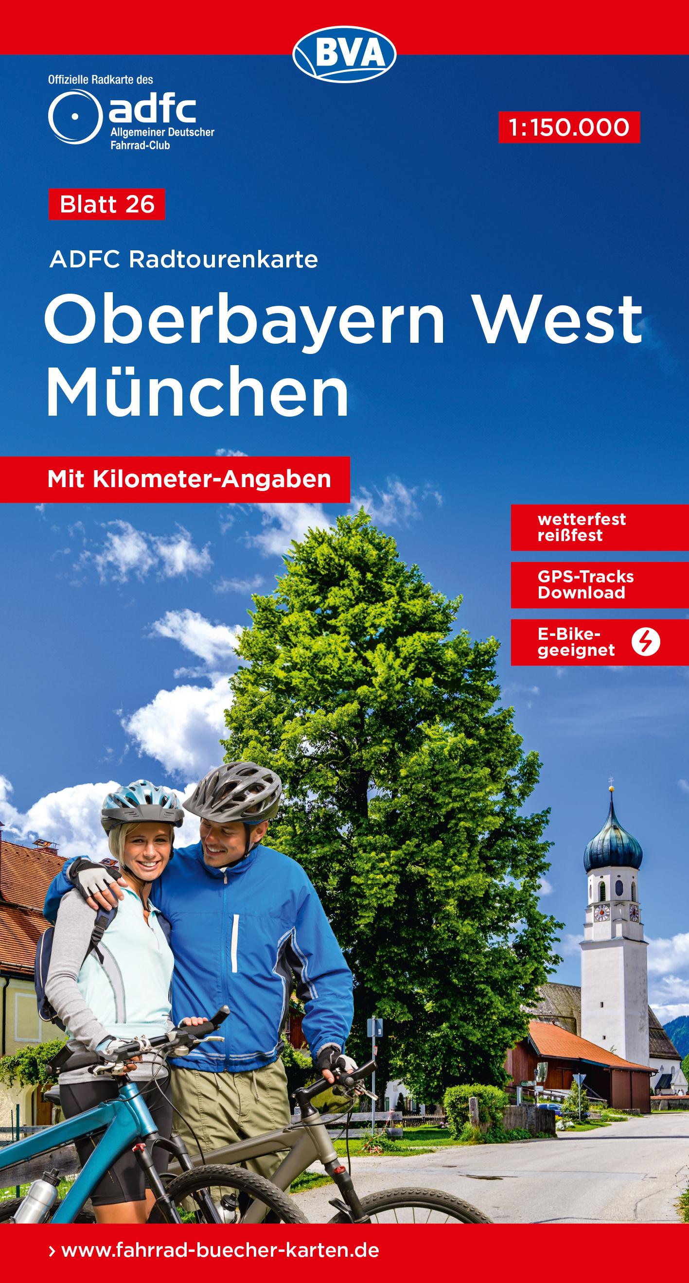 Vorderes Coverbild ADFC-Radtourenkarte 26 Oberbayern West München 1:150.000, reiß- und wetterfest, E-Bike geeignet, GPS-Tracks Download, mit Kilometer-Angaben