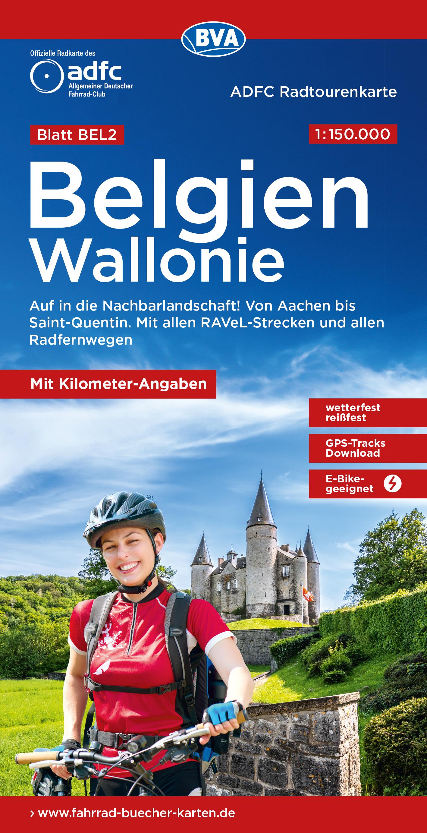 Vorderes Coverbild ADFC-Radtourenkarte BEL 2 Belgien Wallonie 1:150.000, reiß- und wetterfest, E-Bike geeignet, GPS-Tracks Download, mit Kilometer-Angaben