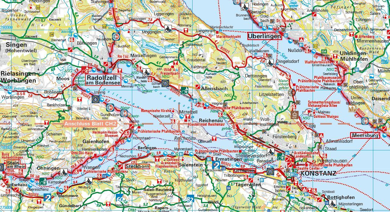 Beispielinhalt (Bild) ADFC-Radtourenkarte 25 Bodensee Schwäbische Alb 1:150.000, reiß- und wetterfest, E-Bike geeignet, GPS-Tracks Download, mit Kilometer-Angaben