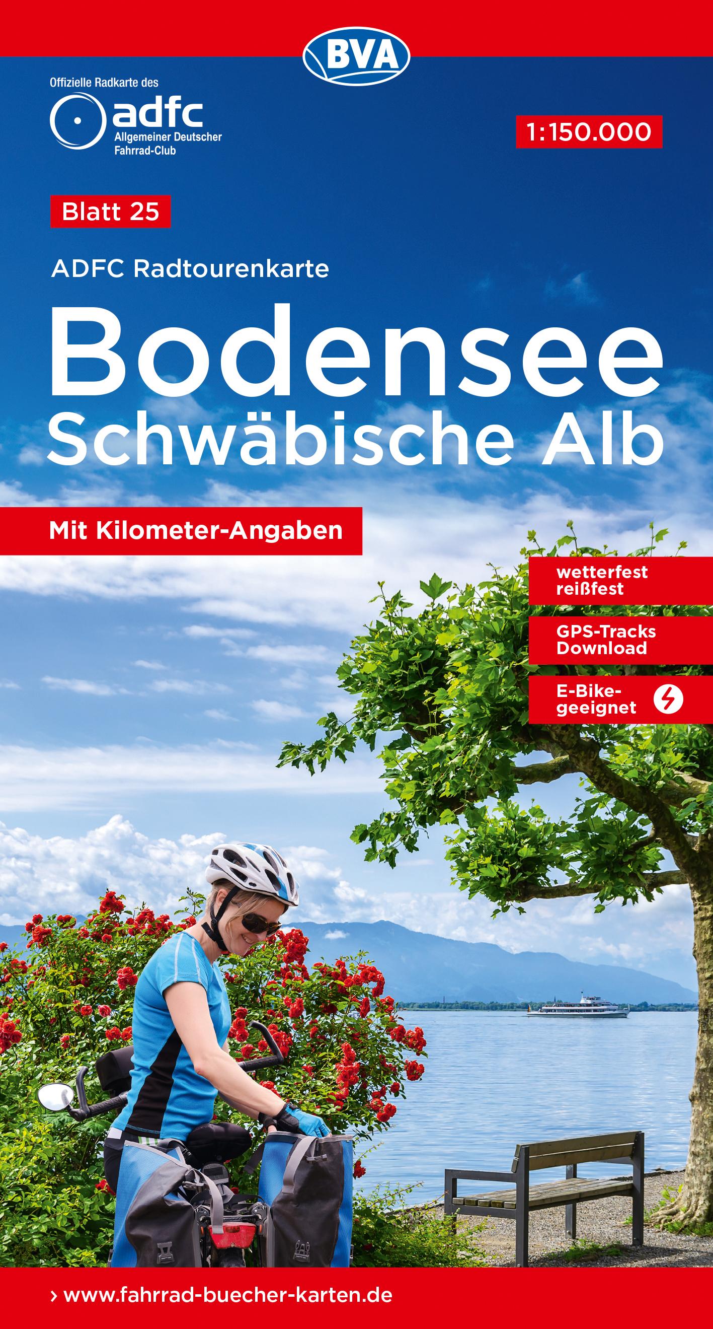 Vorderes Coverbild ADFC-Radtourenkarte 25 Bodensee Schwäbische Alb 1:150.000, reiß- und wetterfest, E-Bike geeignet, GPS-Tracks Download, mit Kilometer-Angaben