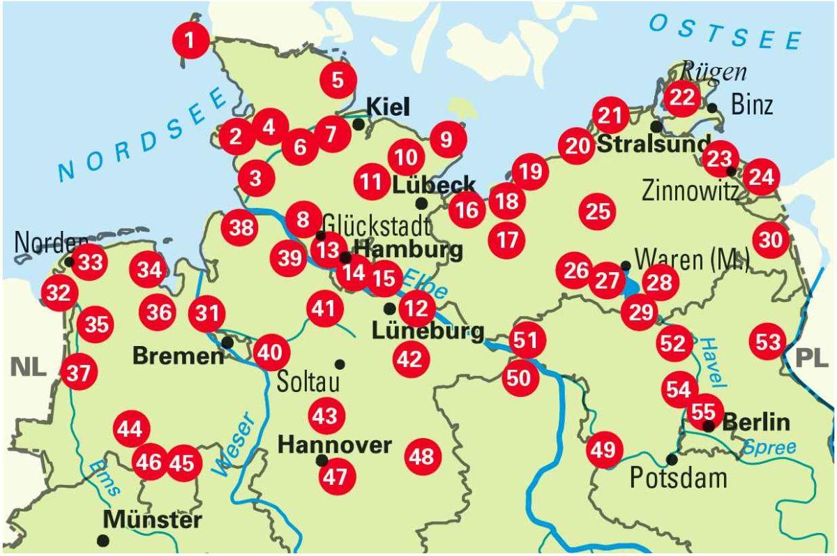 Beispielinhalt (Bild) Die 55 schönsten E-Bike-Touren in Deutschlands Norden mit Knotenpunkten und GPS-Tracks Download aller 55 Radtouren via website oder Kartenapp