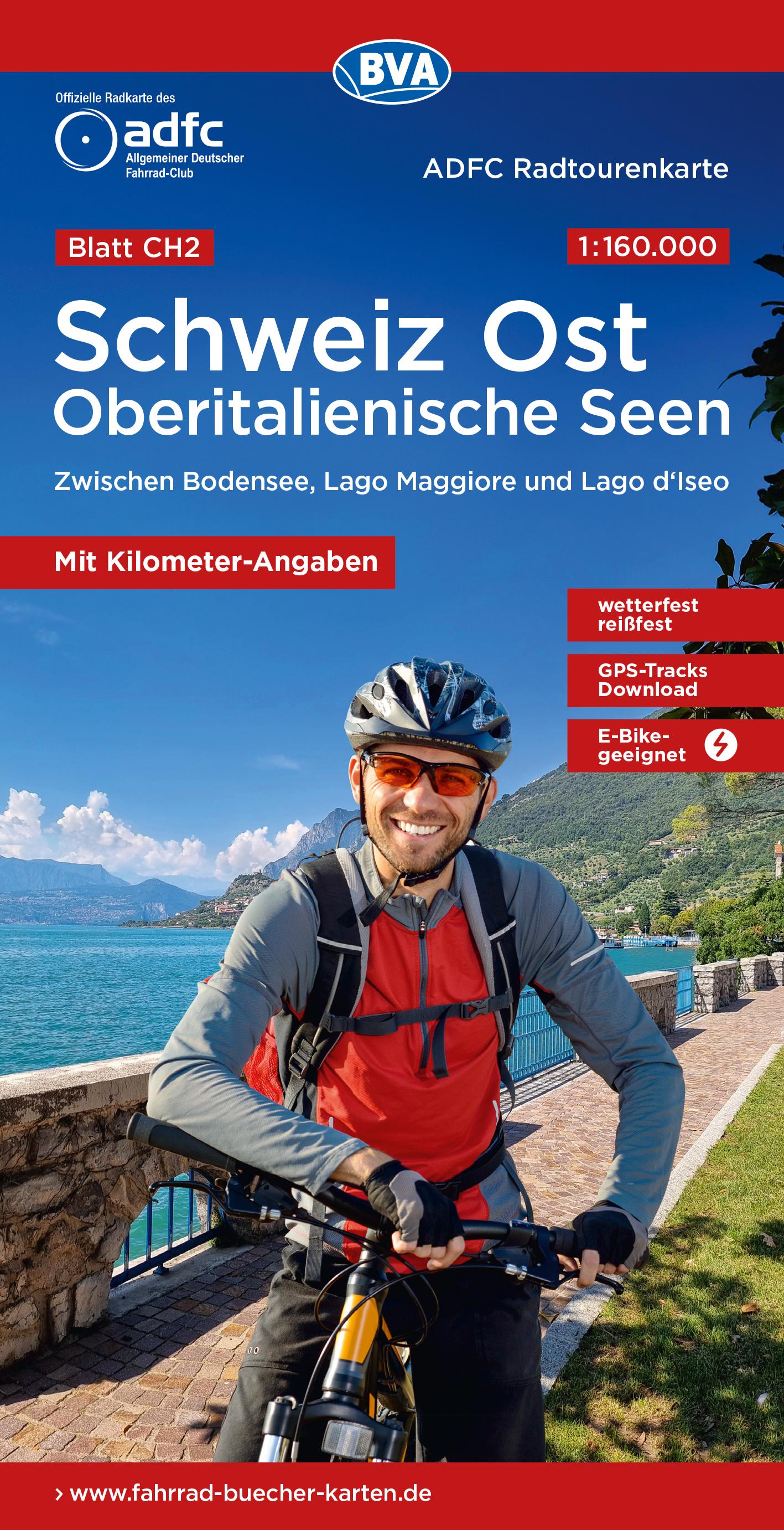 Vorderes Coverbild ADFC-Radtourenkarte CH2 Schweiz Ost / Oberitalienische Seen 1:160.000, reiß- und wetterfest, E-Bike geeignet, GPS-Tracks Download, mit Knotenpunkten, mit Bett+Bike Symbolen, mit Kilometer-Angaben