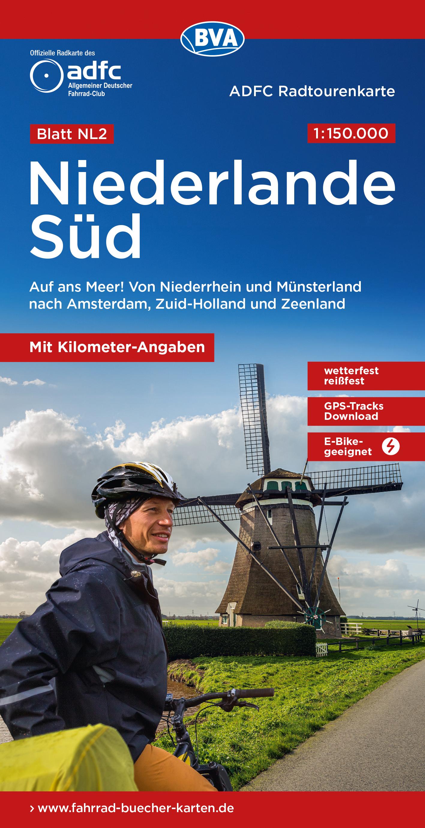 Vorderes Coverbild ADFC-Radtourenkarte NL 2 Niederlande Süd 1:150.000, reiß- und wetterfest, E-Bike geeignet, GPS-Tracks Download, mit Knotenpunkten, mit Bett+Bike Symbolen, mit Kilometer-Angaben