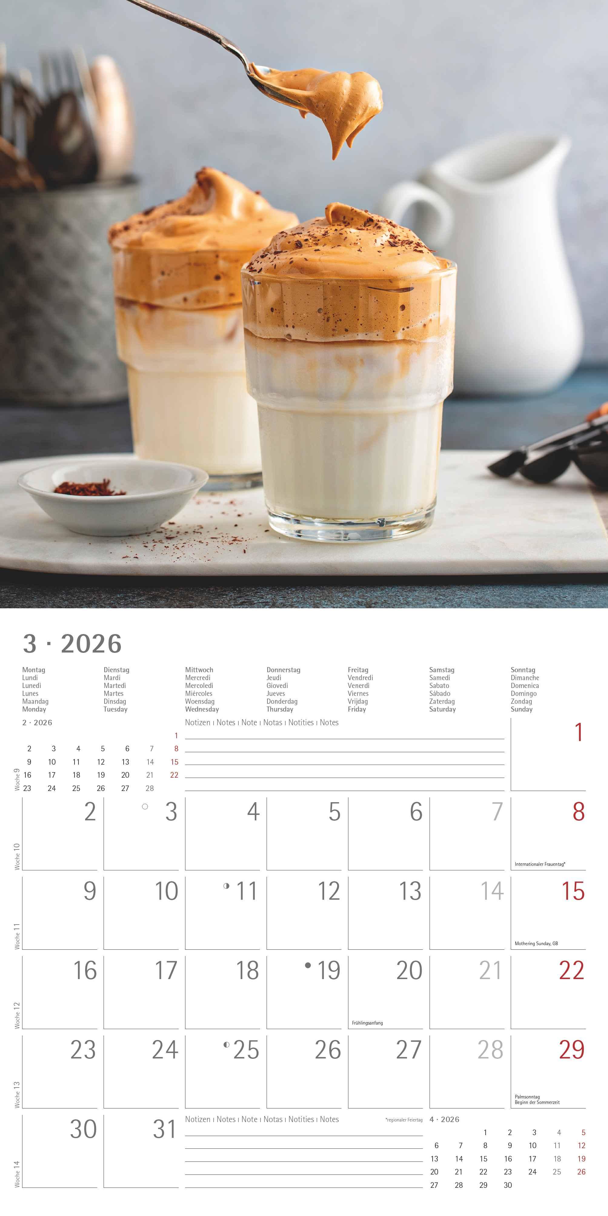 Beispielinhalt (Bild) Kaffeegenuss 2026 - Broschürenkalender 30x30 cm (30x60 geöffnet) - Kalender mit Platz für Notizen - Bildkalender - Wandplaner - Küchenkalender