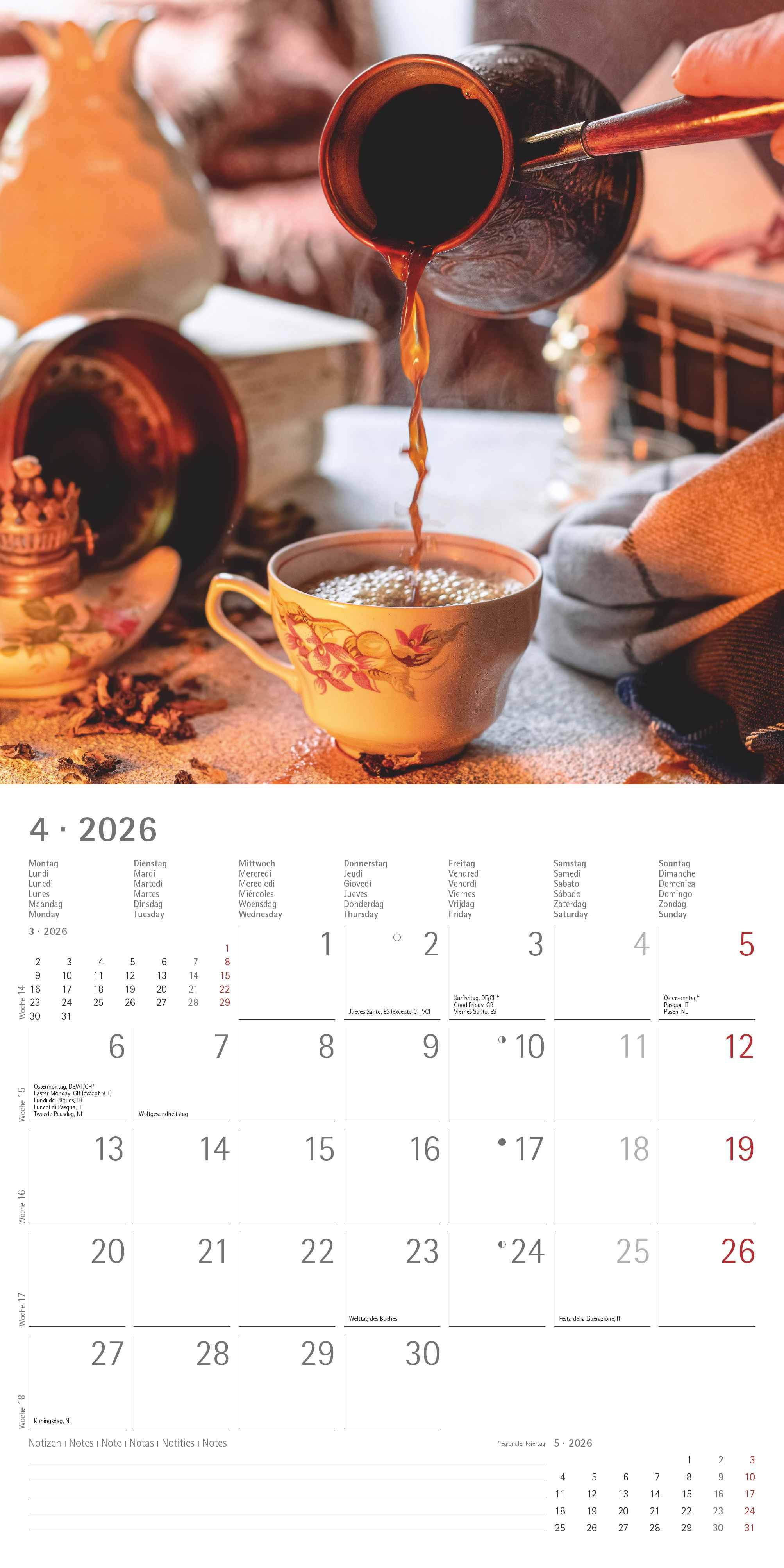 Beispielinhalt (Bild) Kaffeegenuss 2026 - Broschürenkalender 30x30 cm (30x60 geöffnet) - Kalender mit Platz für Notizen - Bildkalender - Wandplaner - Küchenkalender