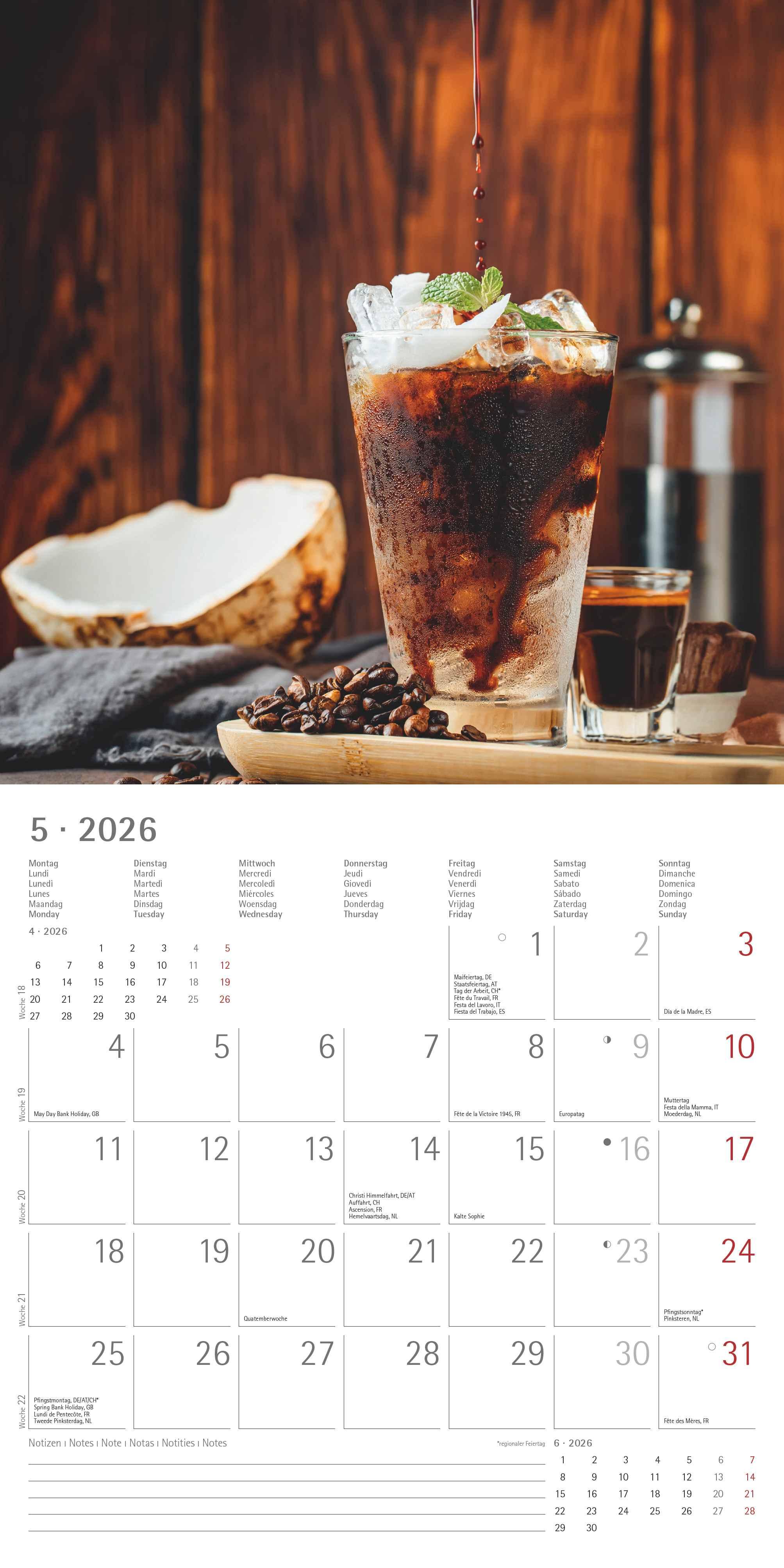 Beispielinhalt (Bild) Kaffeegenuss 2026 - Broschürenkalender 30x30 cm (30x60 geöffnet) - Kalender mit Platz für Notizen - Bildkalender - Wandplaner - Küchenkalender