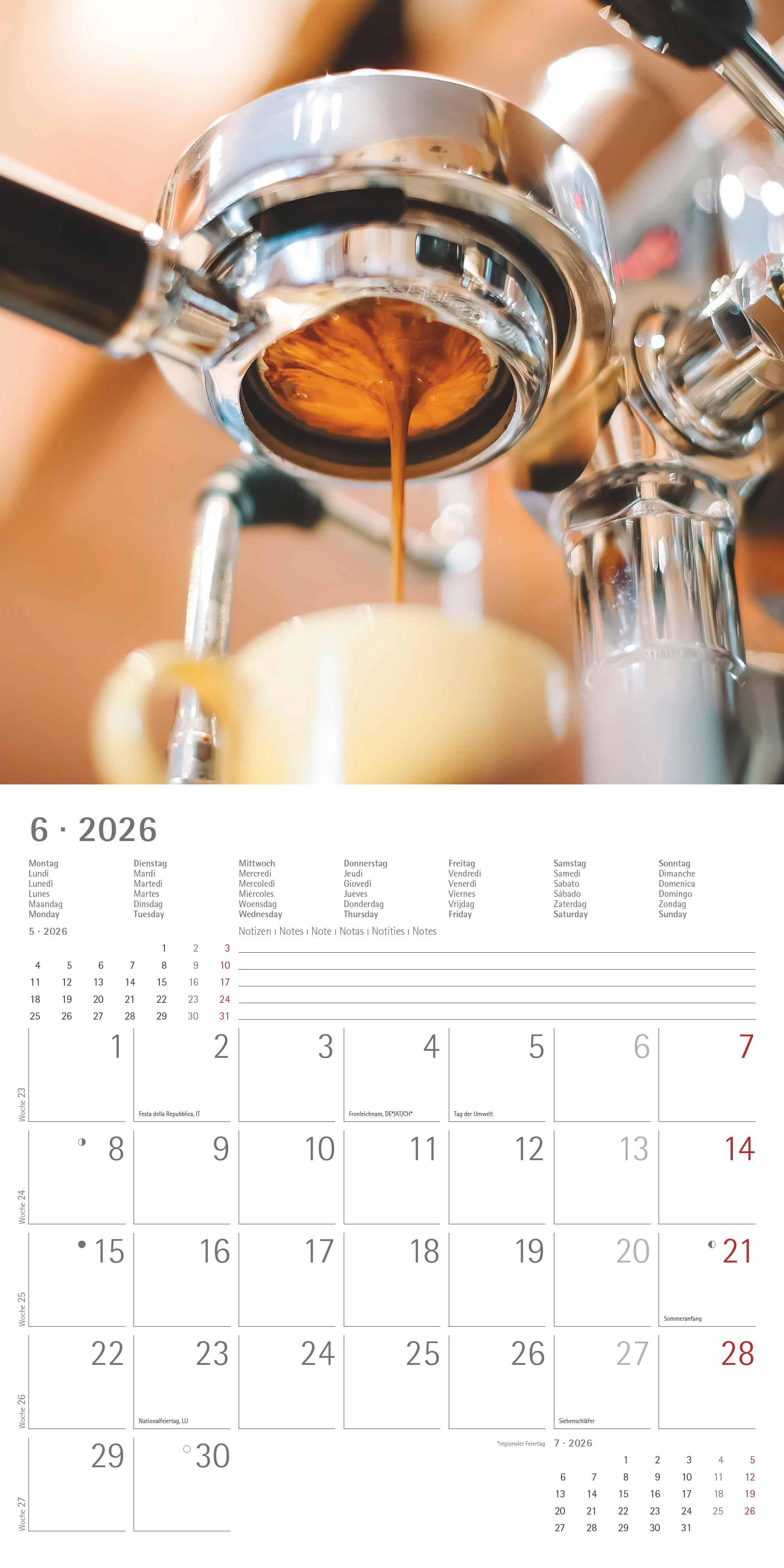 Beispielinhalt (Bild) Kaffeegenuss 2026 - Broschürenkalender 30x30 cm (30x60 geöffnet) - Kalender mit Platz für Notizen - Bildkalender - Wandplaner - Küchenkalender