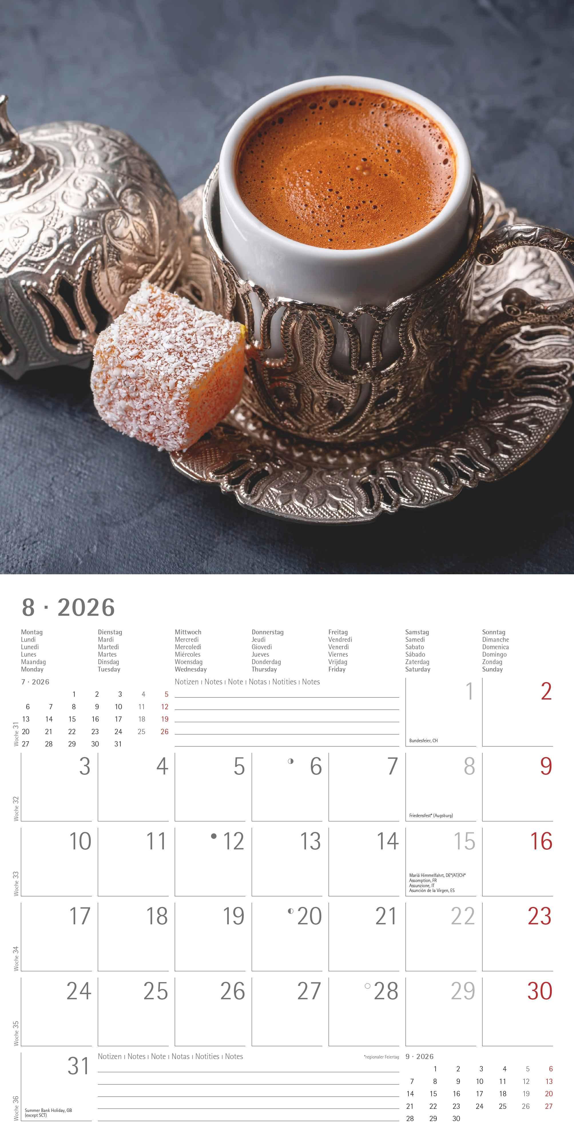 Beispielinhalt (Bild) Kaffeegenuss 2026 - Broschürenkalender 30x30 cm (30x60 geöffnet) - Kalender mit Platz für Notizen - Bildkalender - Wandplaner - Küchenkalender