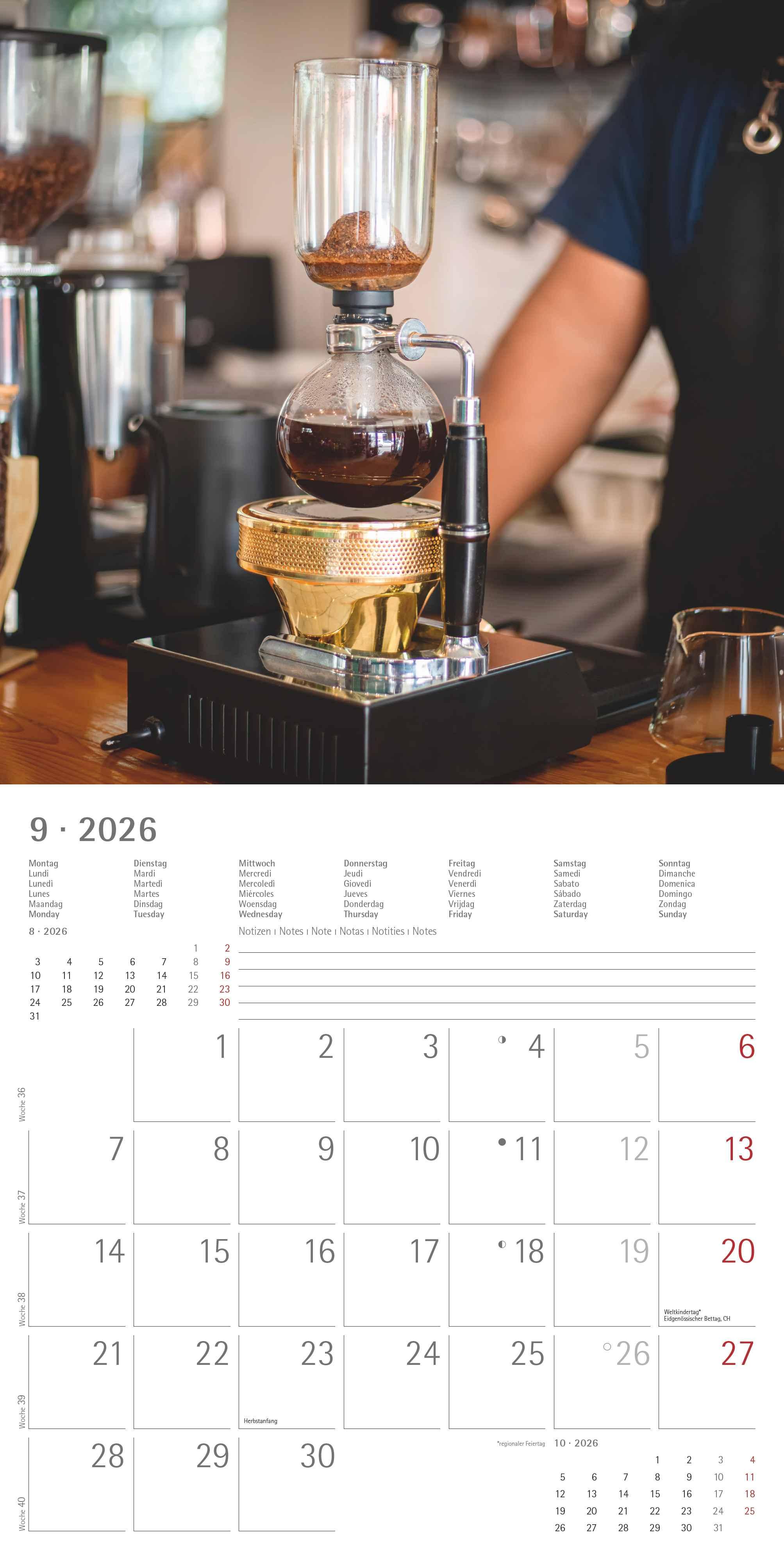 Beispielinhalt (Bild) Kaffeegenuss 2026 - Broschürenkalender 30x30 cm (30x60 geöffnet) - Kalender mit Platz für Notizen - Bildkalender - Wandplaner - Küchenkalender