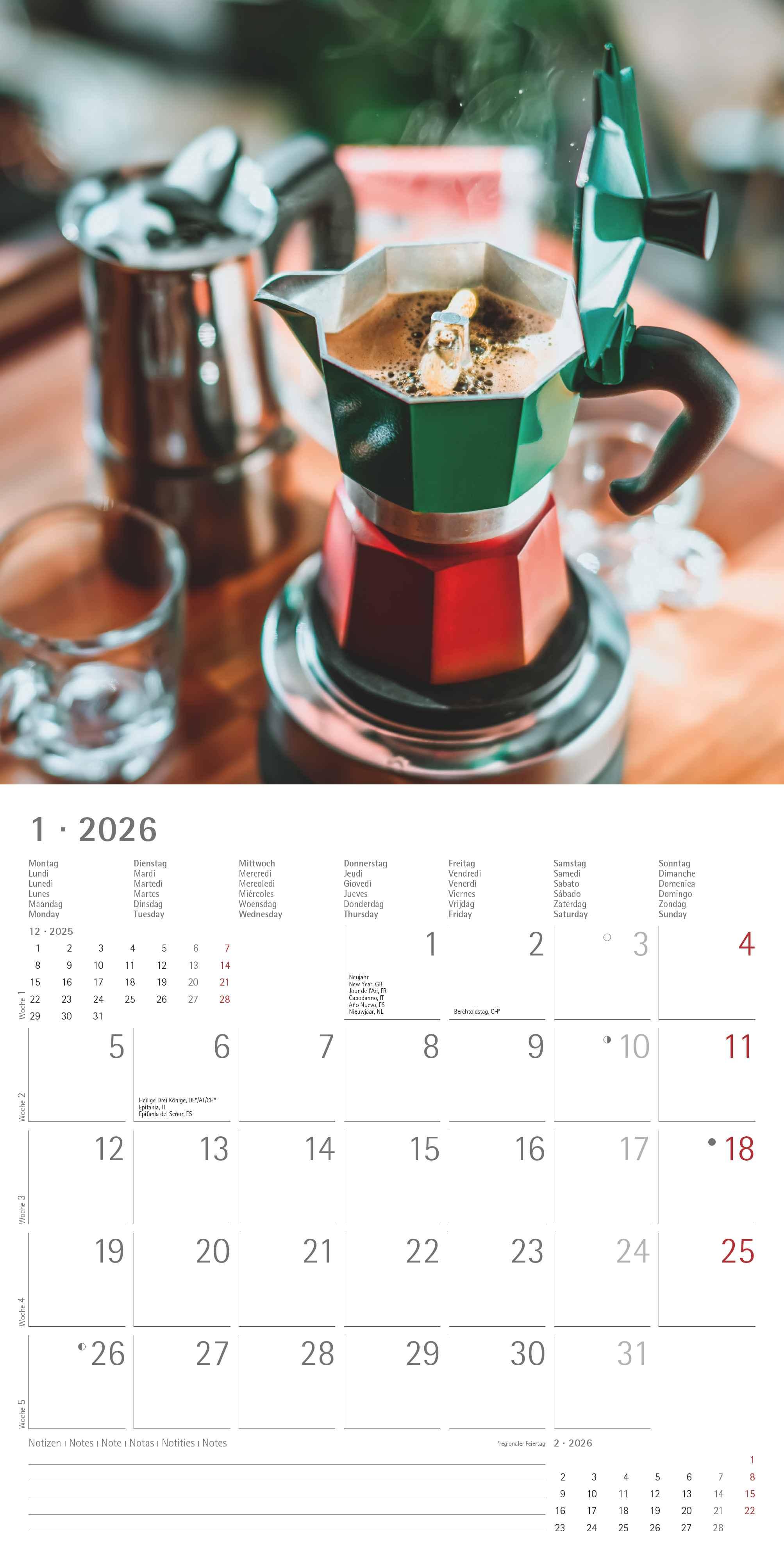 Beispielinhalt (Bild) Kaffeegenuss 2026 - Broschürenkalender 30x30 cm (30x60 geöffnet) - Kalender mit Platz für Notizen - Bildkalender - Wandplaner - Küchenkalender