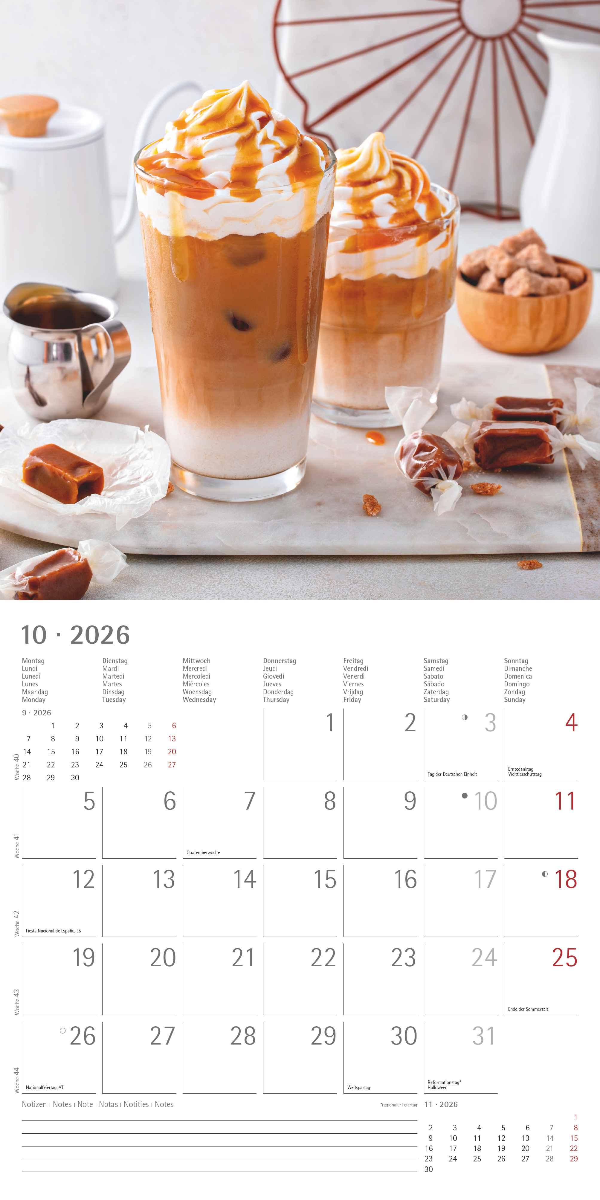 Beispielinhalt (Bild) Kaffeegenuss 2026 - Broschürenkalender 30x30 cm (30x60 geöffnet) - Kalender mit Platz für Notizen - Bildkalender - Wandplaner - Küchenkalender