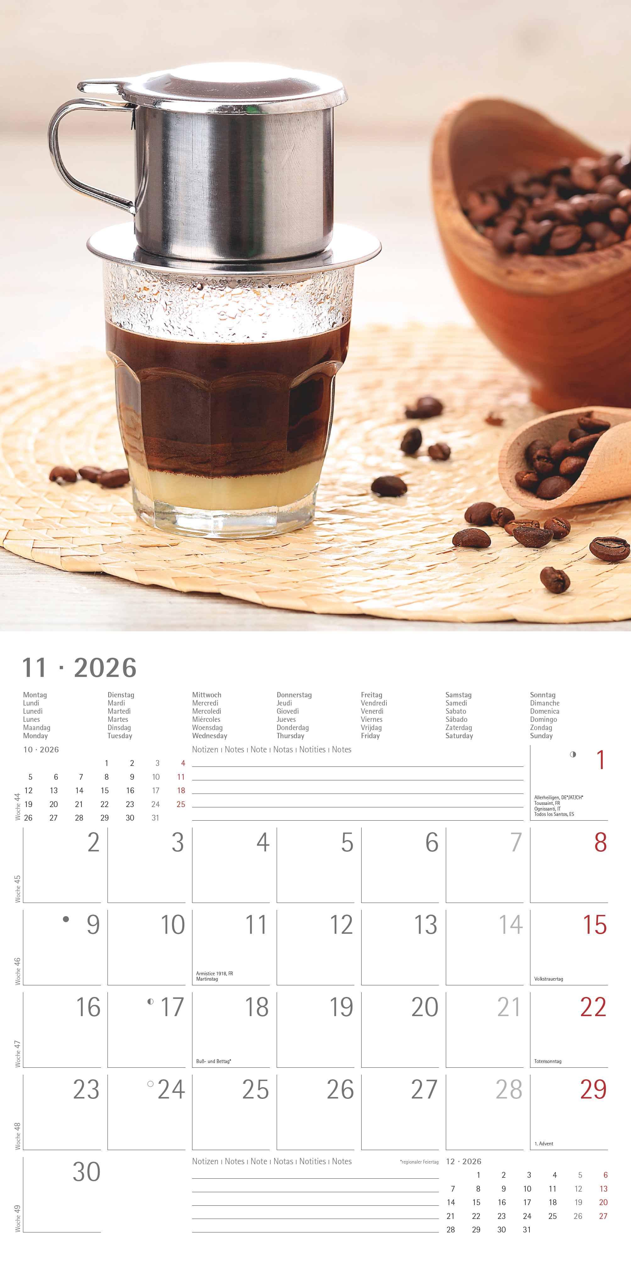 Beispielinhalt (Bild) Kaffeegenuss 2026 - Broschürenkalender 30x30 cm (30x60 geöffnet) - Kalender mit Platz für Notizen - Bildkalender - Wandplaner - Küchenkalender