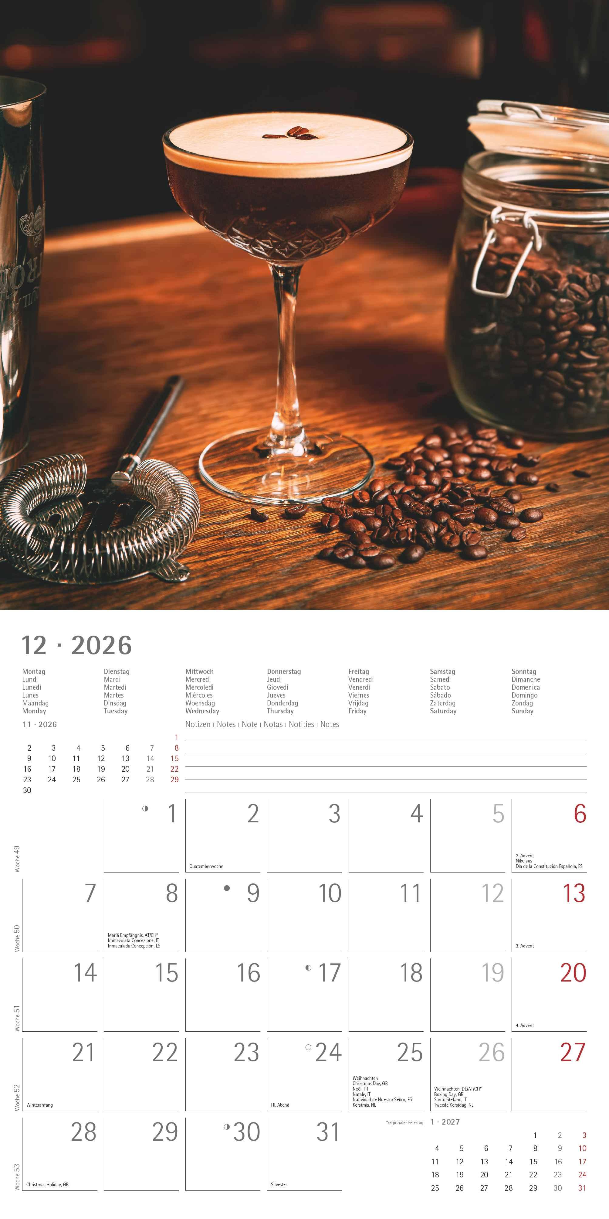 Beispielinhalt (Bild) Kaffeegenuss 2026 - Broschürenkalender 30x30 cm (30x60 geöffnet) - Kalender mit Platz für Notizen - Bildkalender - Wandplaner - Küchenkalender