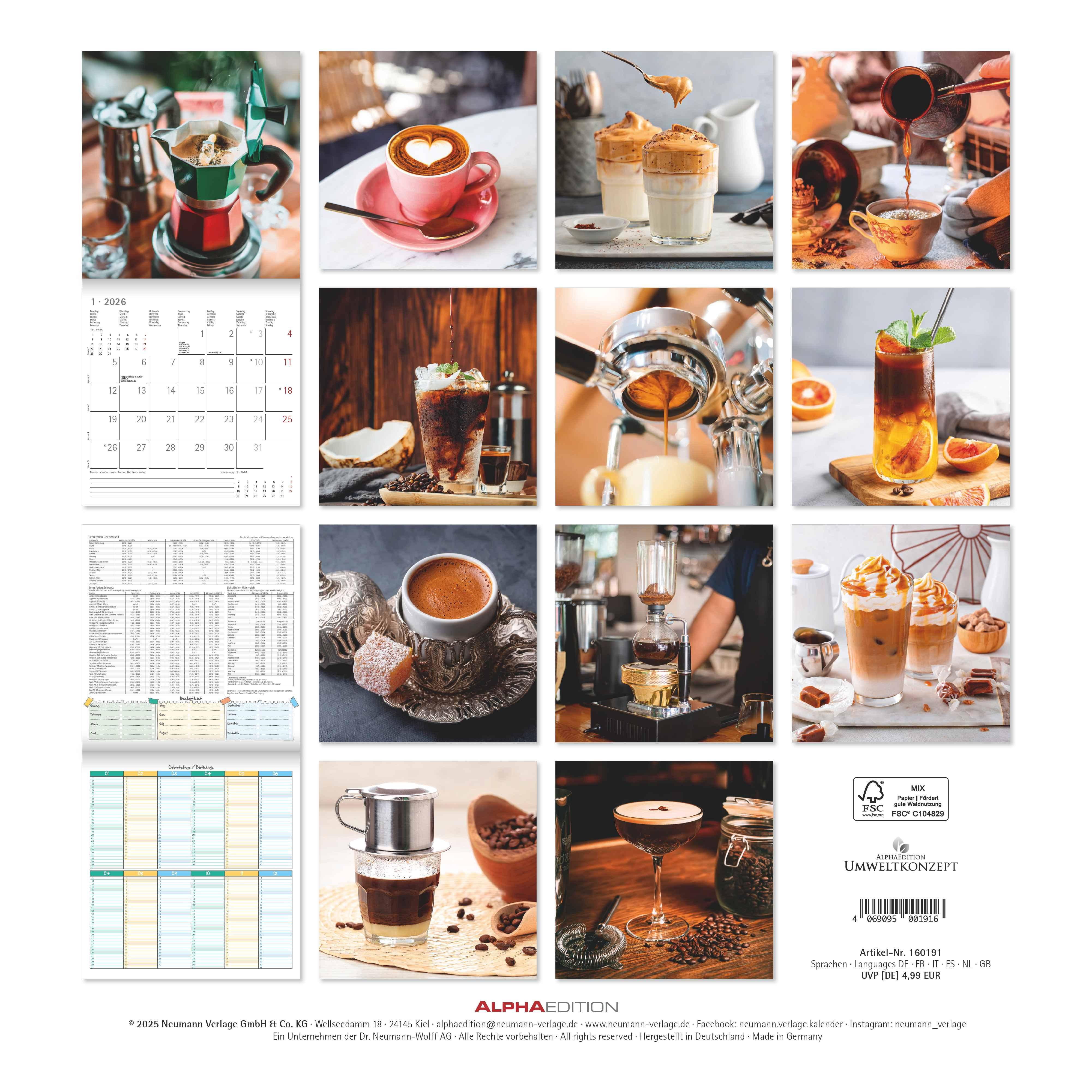 Rückseitencover Kaffeegenuss 2026 - Broschürenkalender 30x30 cm (30x60 geöffnet) - Kalender mit Platz für Notizen - Bildkalender - Wandplaner - Küchenkalender